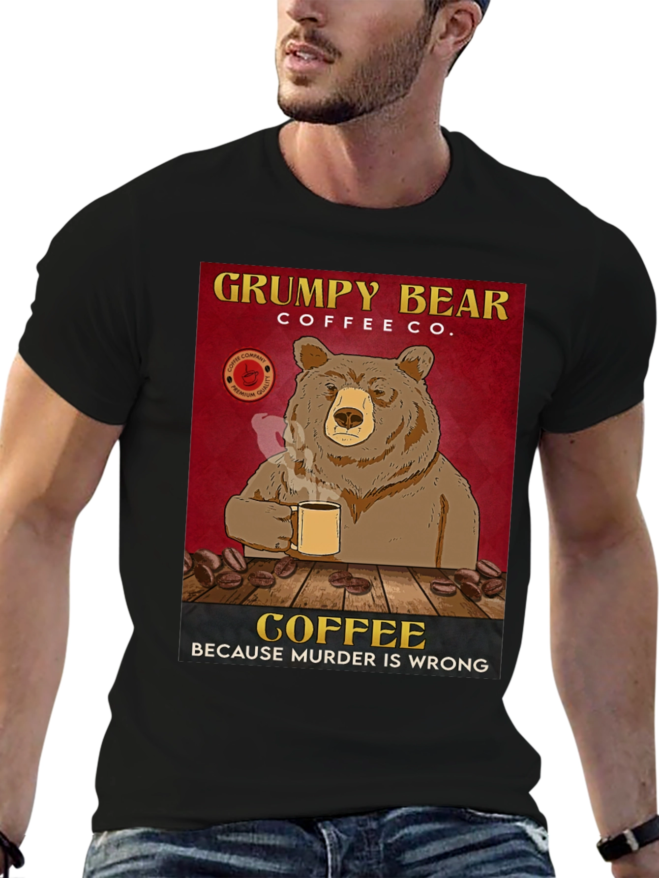 Black Grumpy Bear Coffee Co. T-Shirt - Coffee Because Murder is Wrong view 6