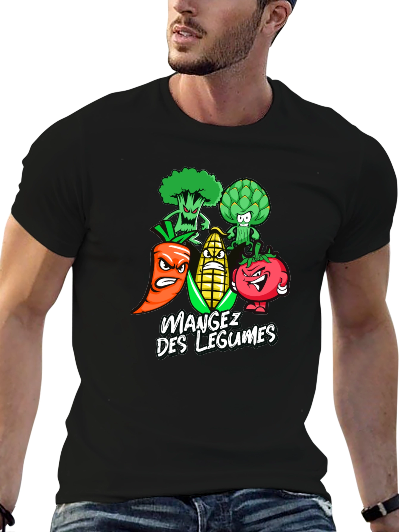 Black Eat Your Vegetables T-Shirt - Funny Cartoon Veggies Tee view 6