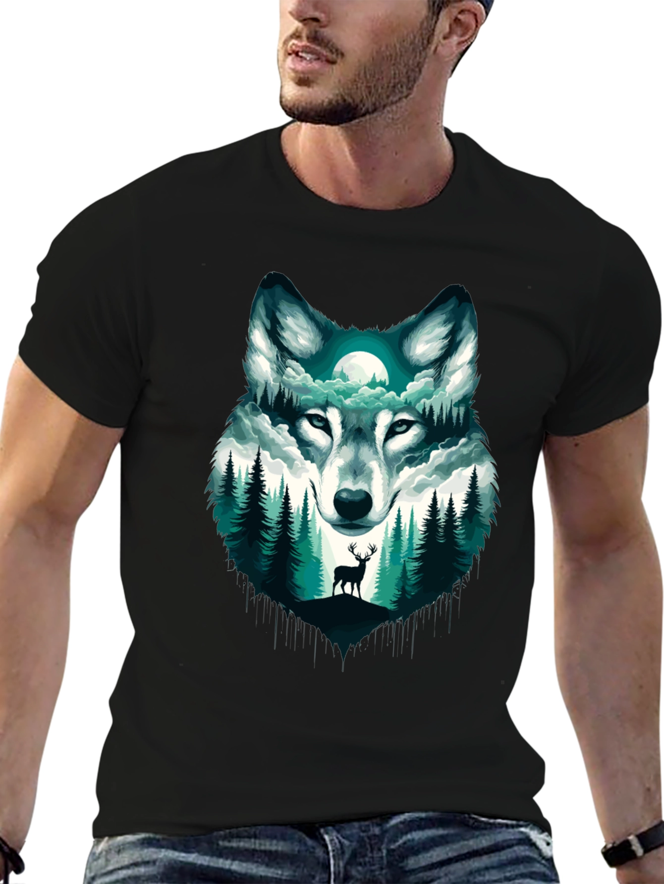 Black Wolf & Forest Graphic Tee - Nature Inspired Design view 6