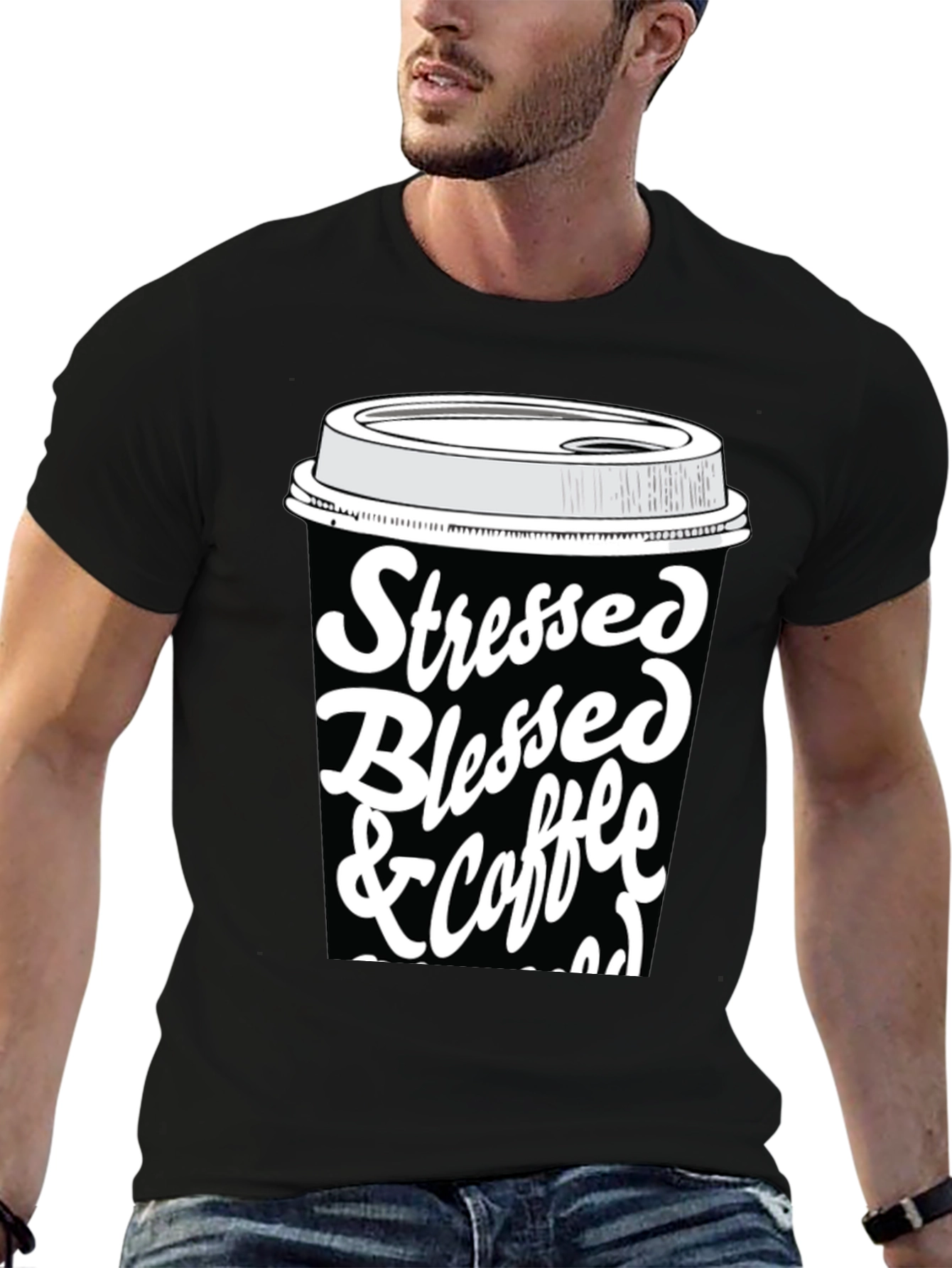 Black Stressed Blessed & Coffee Obsessed T-Shirt view 6