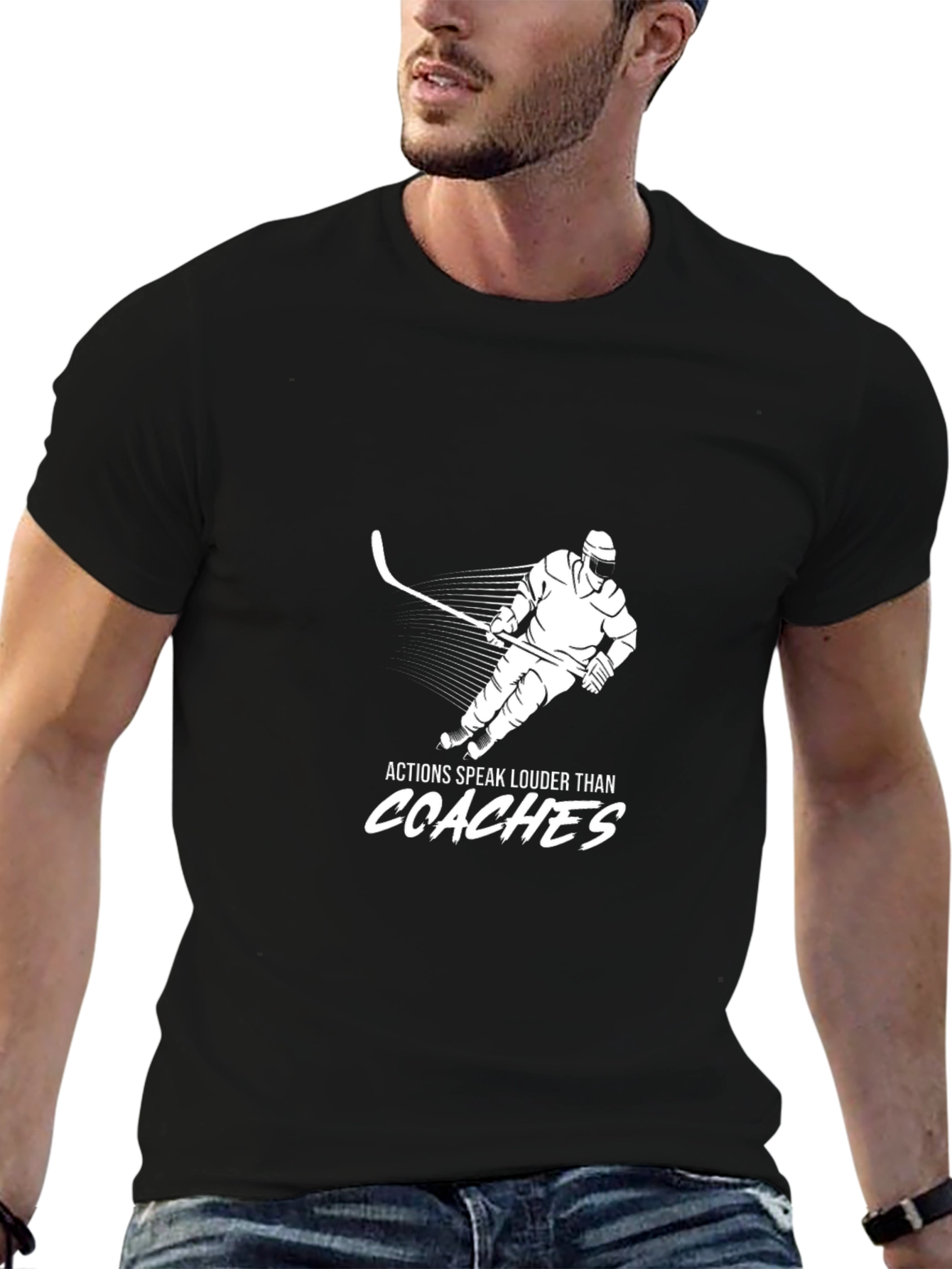 Black Hockey Player T-Shirt - Actions Speak Louder Than Coaches view 6