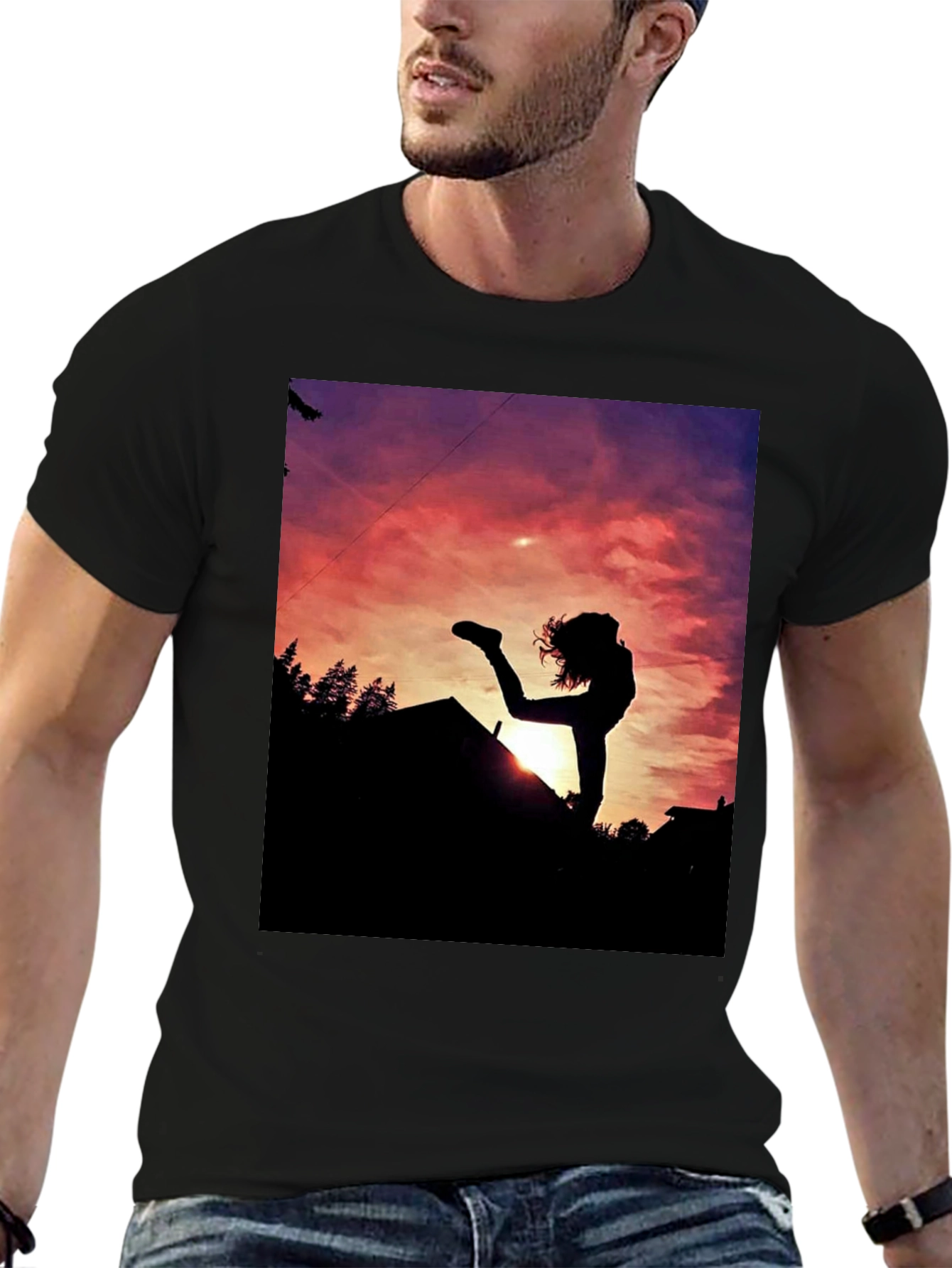 Black Silhouette Sunset Graphic Tee - Black Cotton Blend view 6