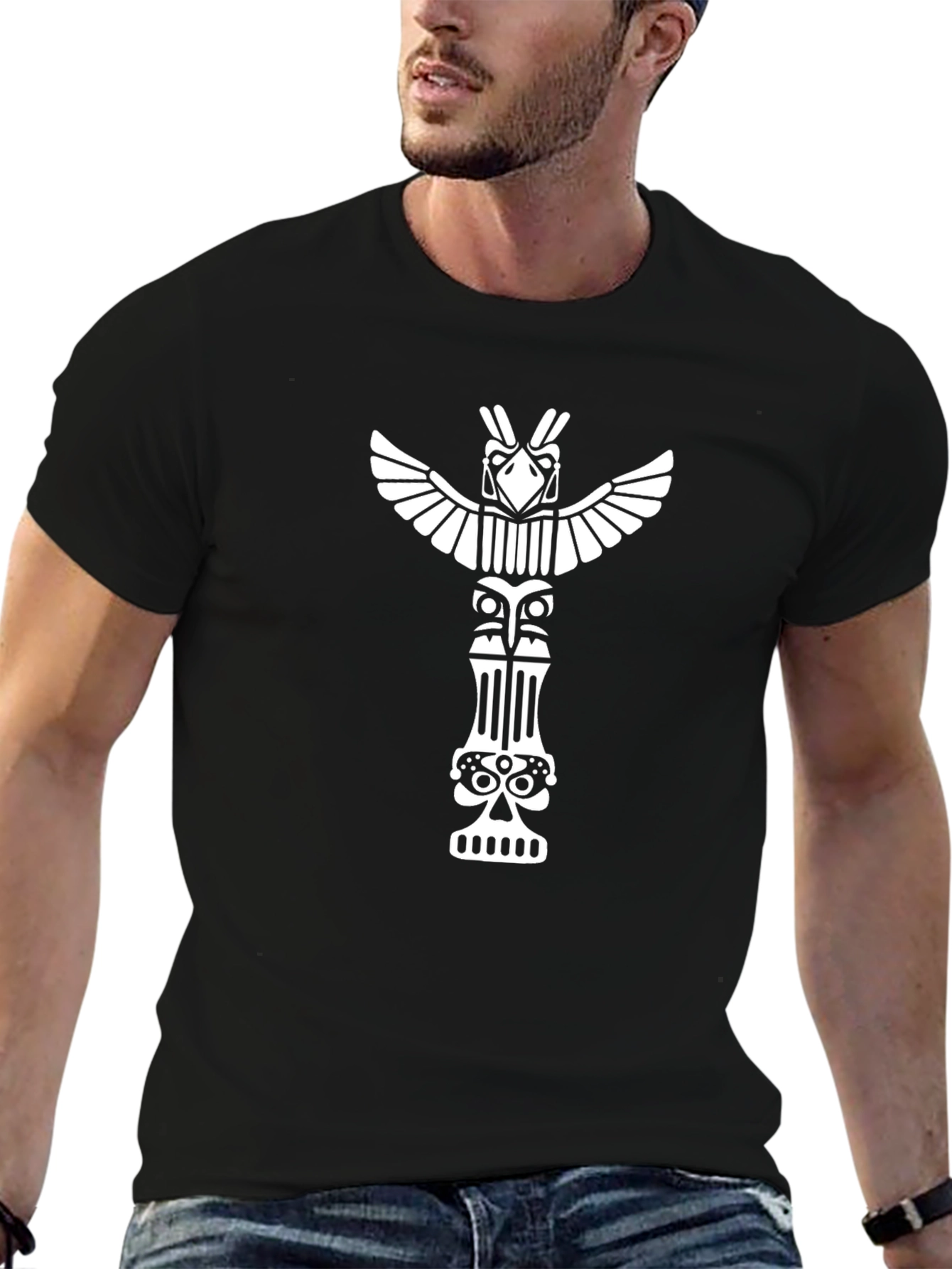 Black Totem Pole Graphic Tee - Black Cotton T-Shirt view 6