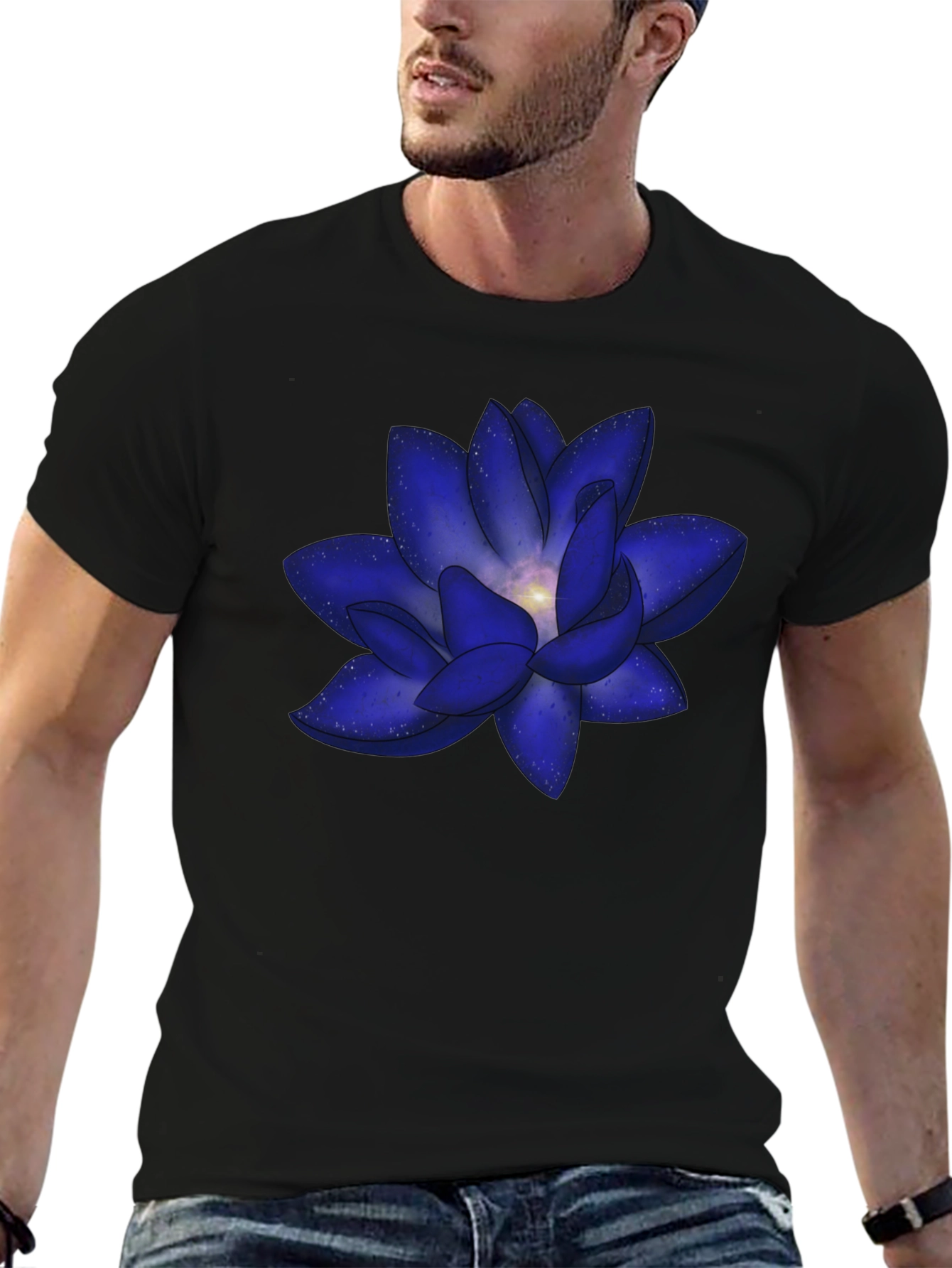 Black Blue Space Lotus Graphic T-Shirt - Modern Design view 6