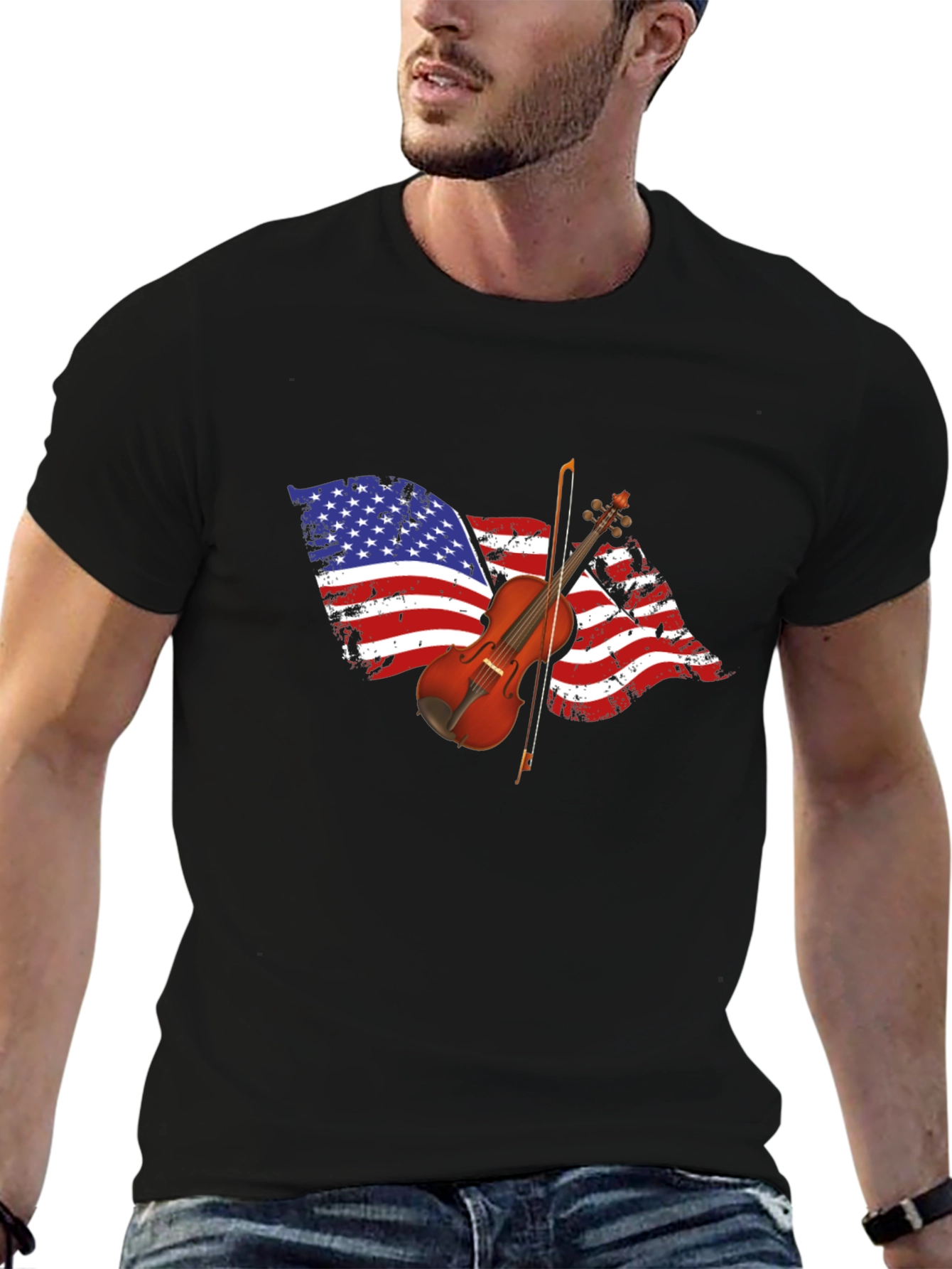 Black American Flag Violin Graphic T-Shirt view 6