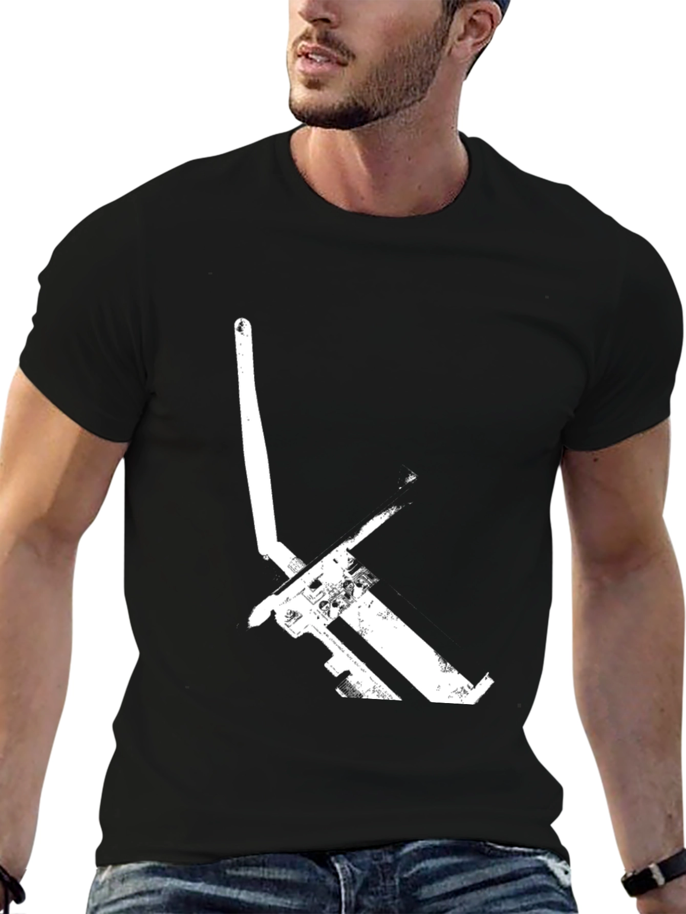 Black Graphic Tee: Minimalist White Pickaxe Print - Black Cotton T-Shirt view 6