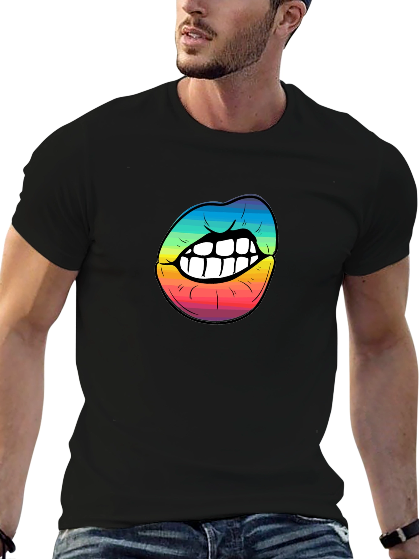 Black Rainbow Lips Graphic Black T-Shirt view 6