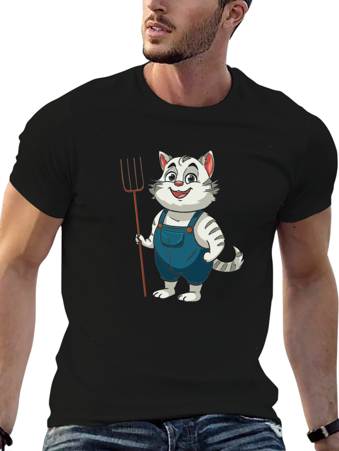 Black Cartoon Cat Farmer Black T-Shirt view 6