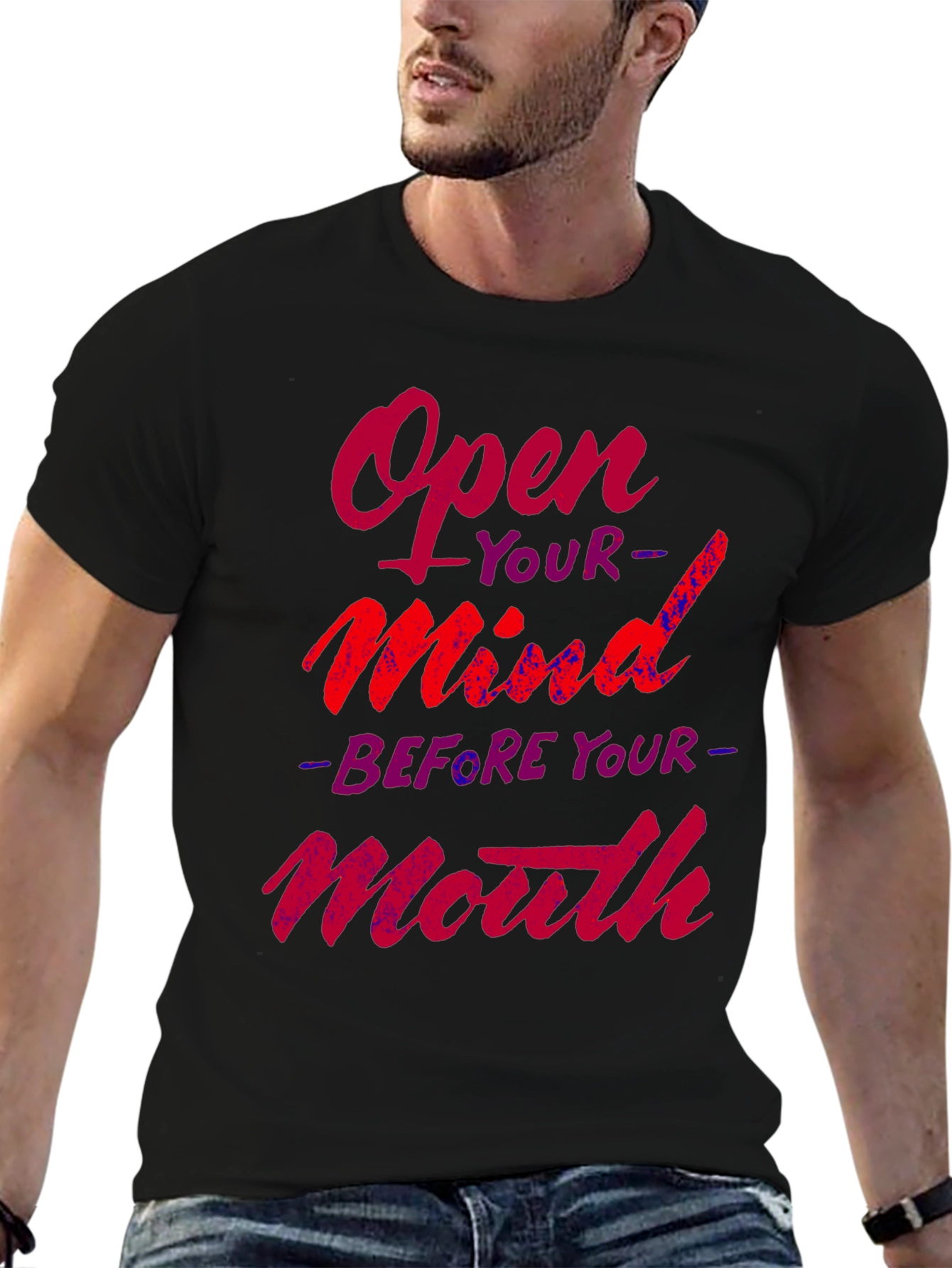 Black Open Mind Graphic Tee - Inspiring Slogan T-Shirt view 6