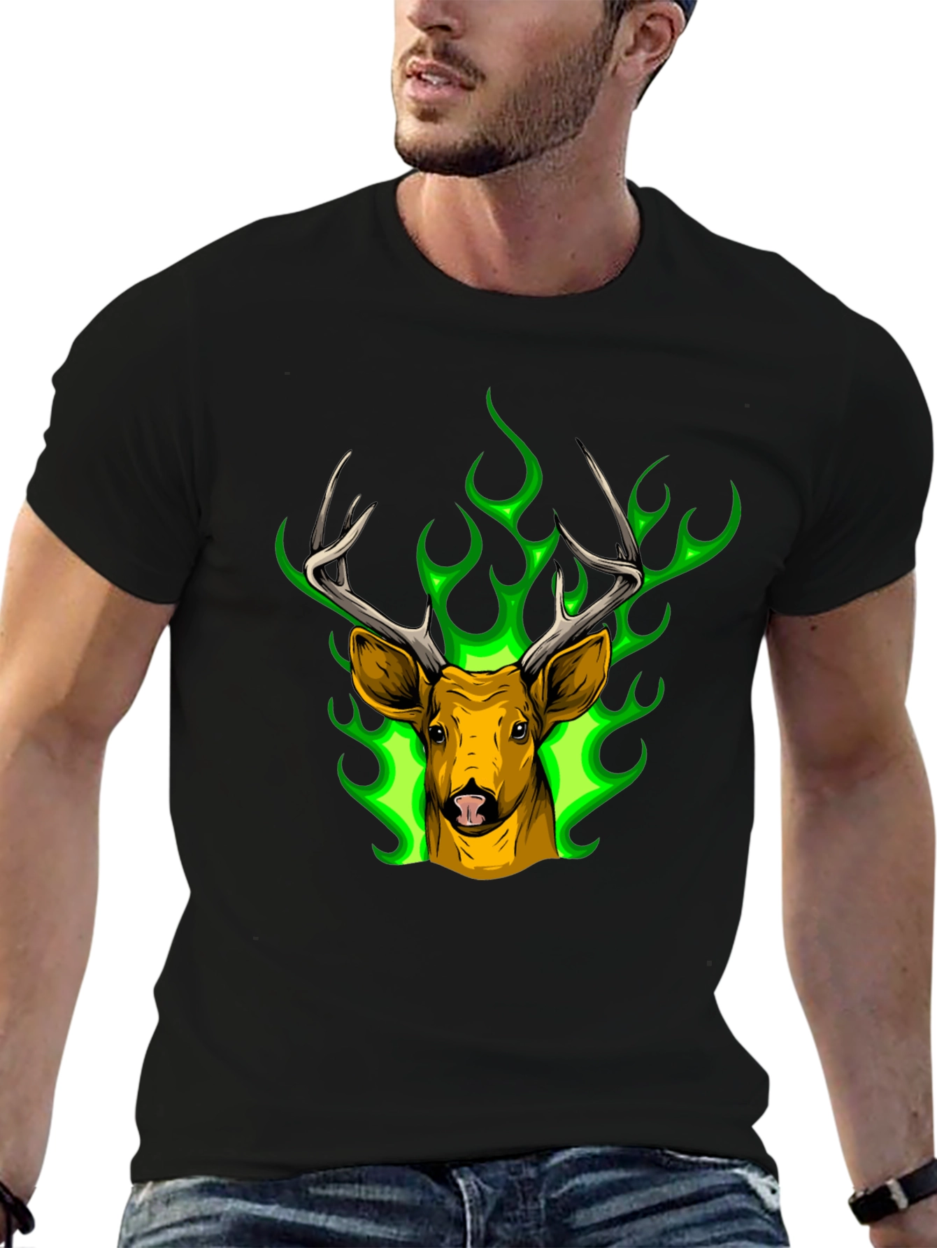 Black Deer Head Graphic Tee - Green Flame Stag Design view 6