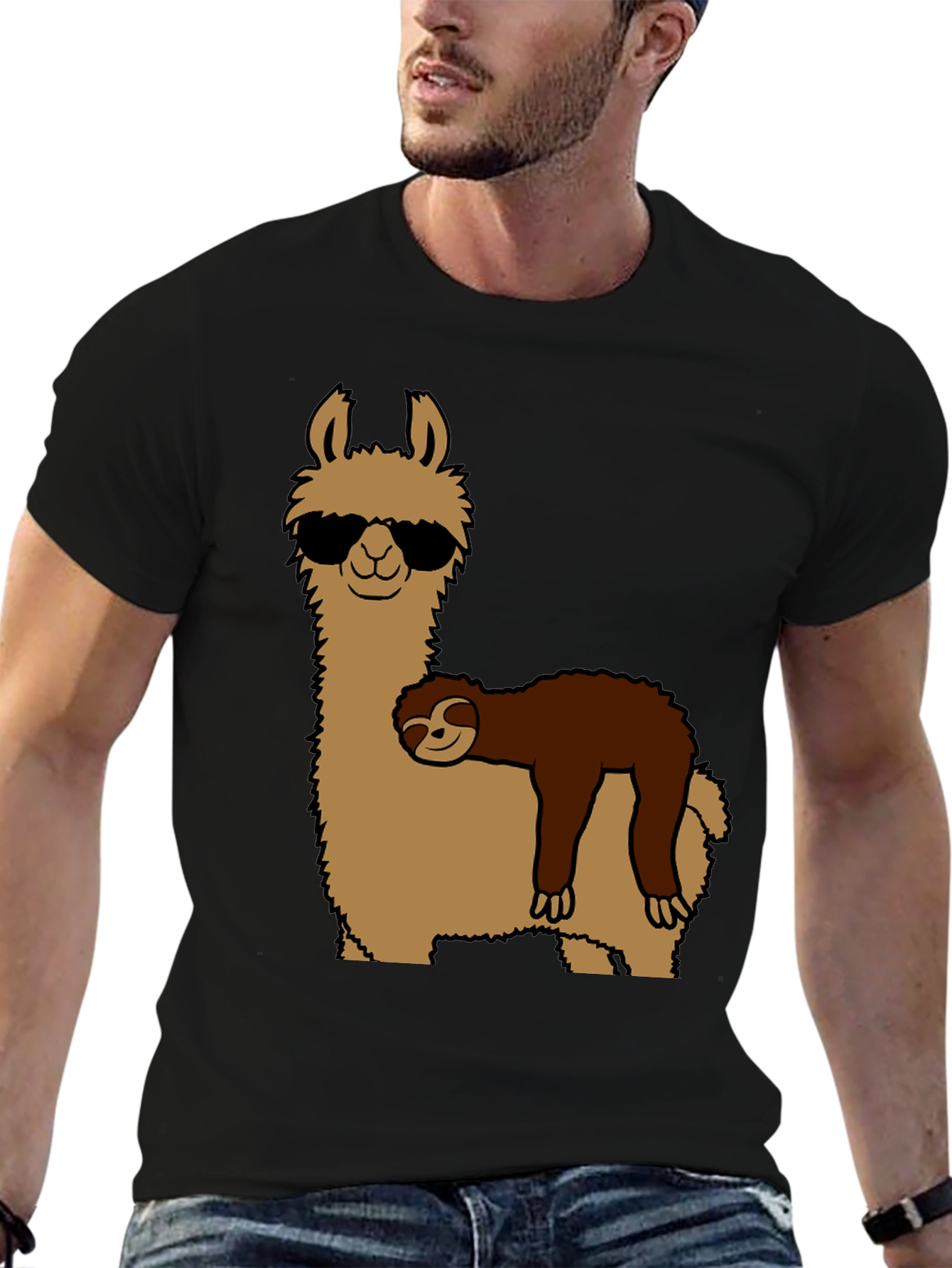 Black Cool Llama & Sloth Graphic T-Shirt view 6