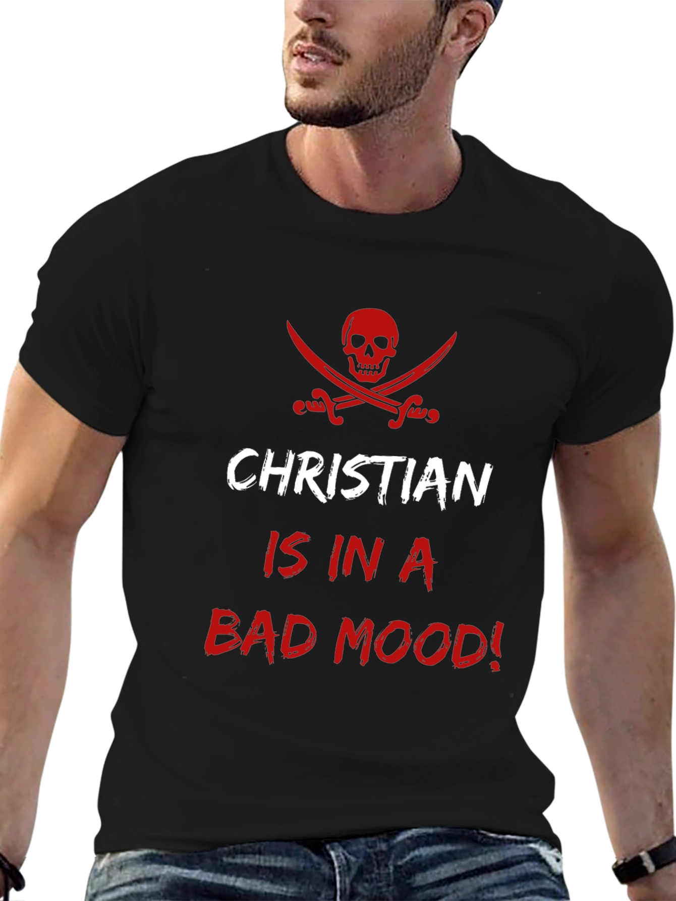 Black Christian Bad Mood T-Shirt - Pirate Skull Design view 6