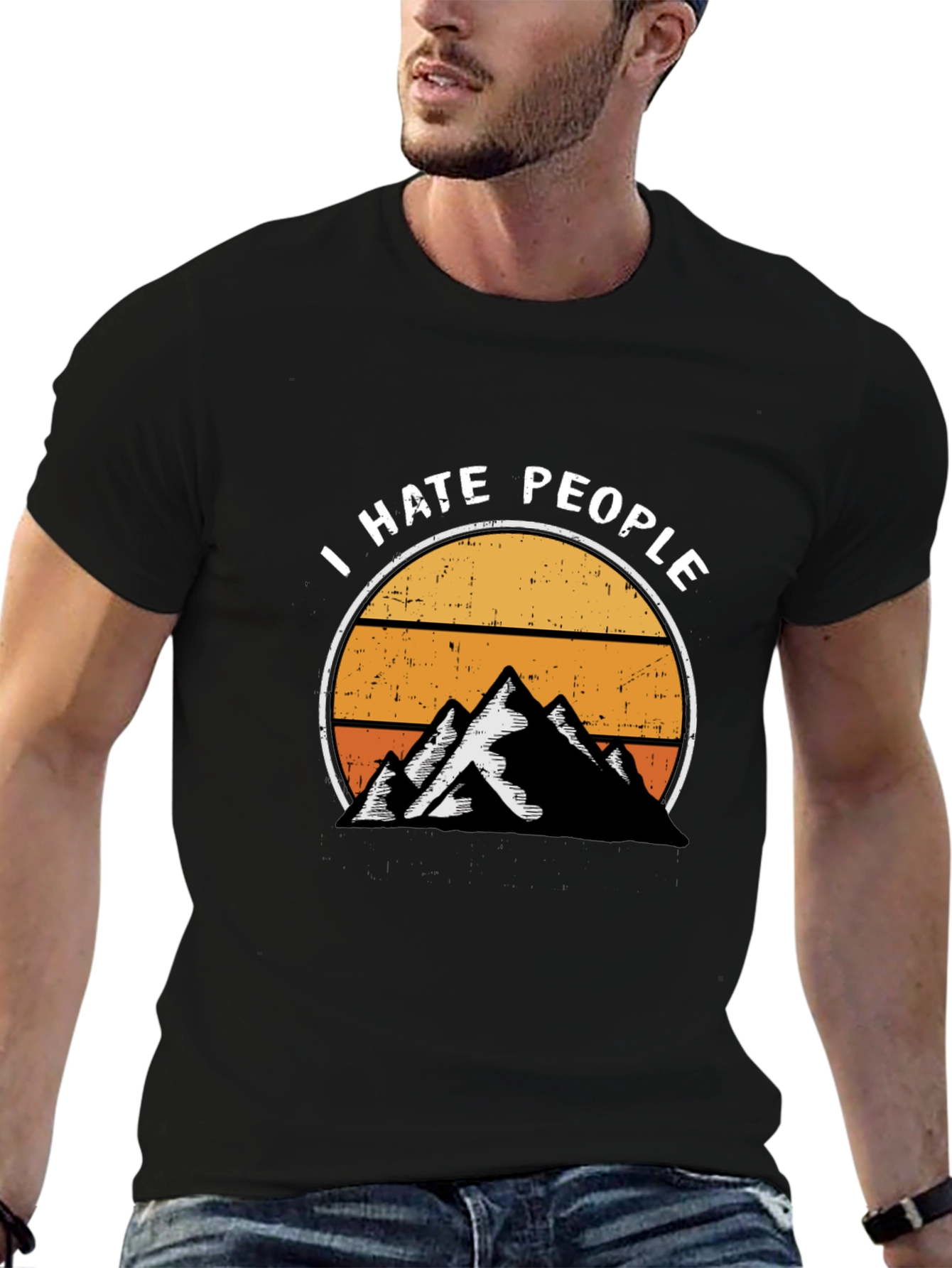 Black I Hate People Mountain Sunset Graphic Tee view 6