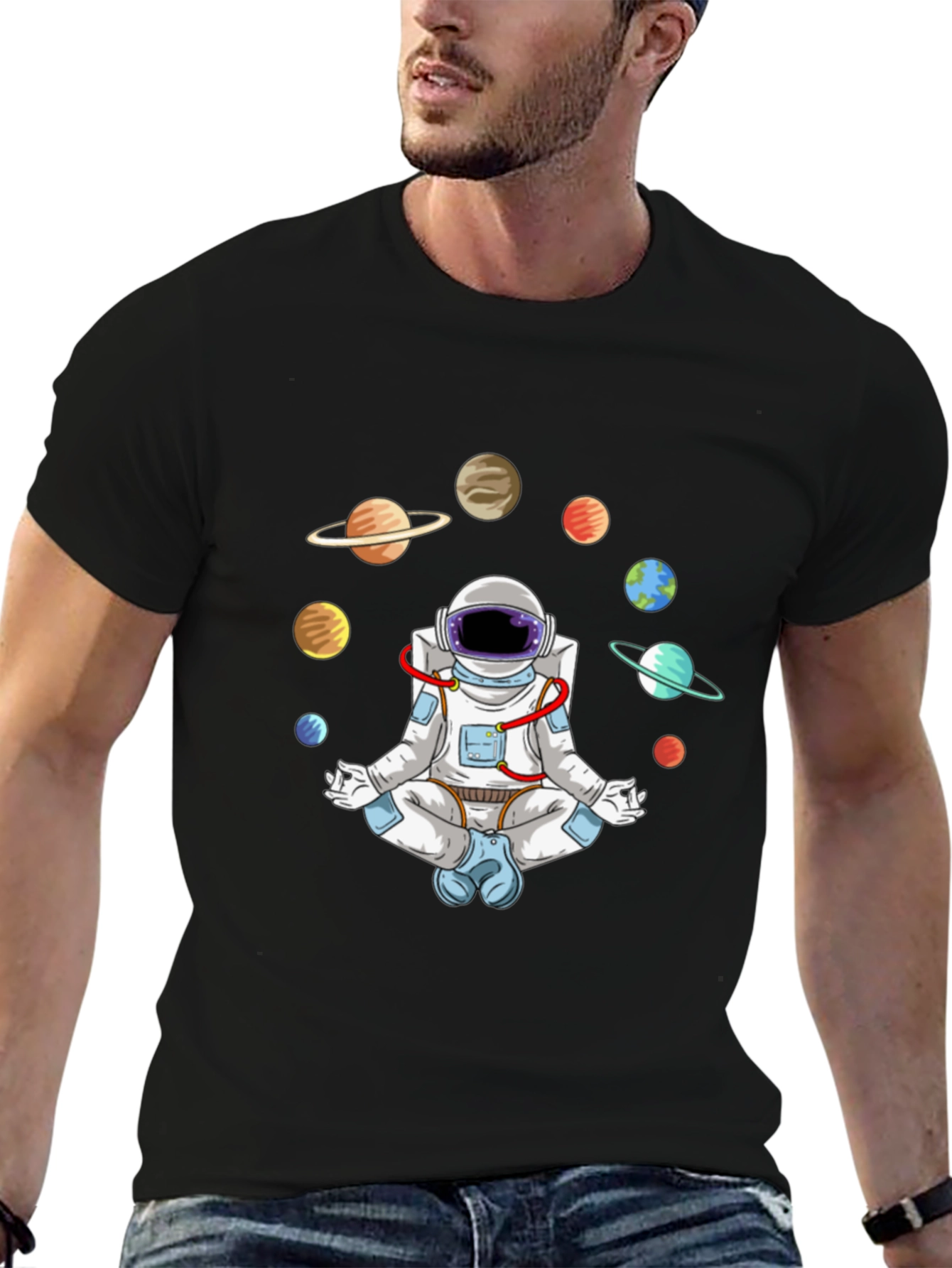 Black Meditating Astronaut Planets Graphic Tee view 6
