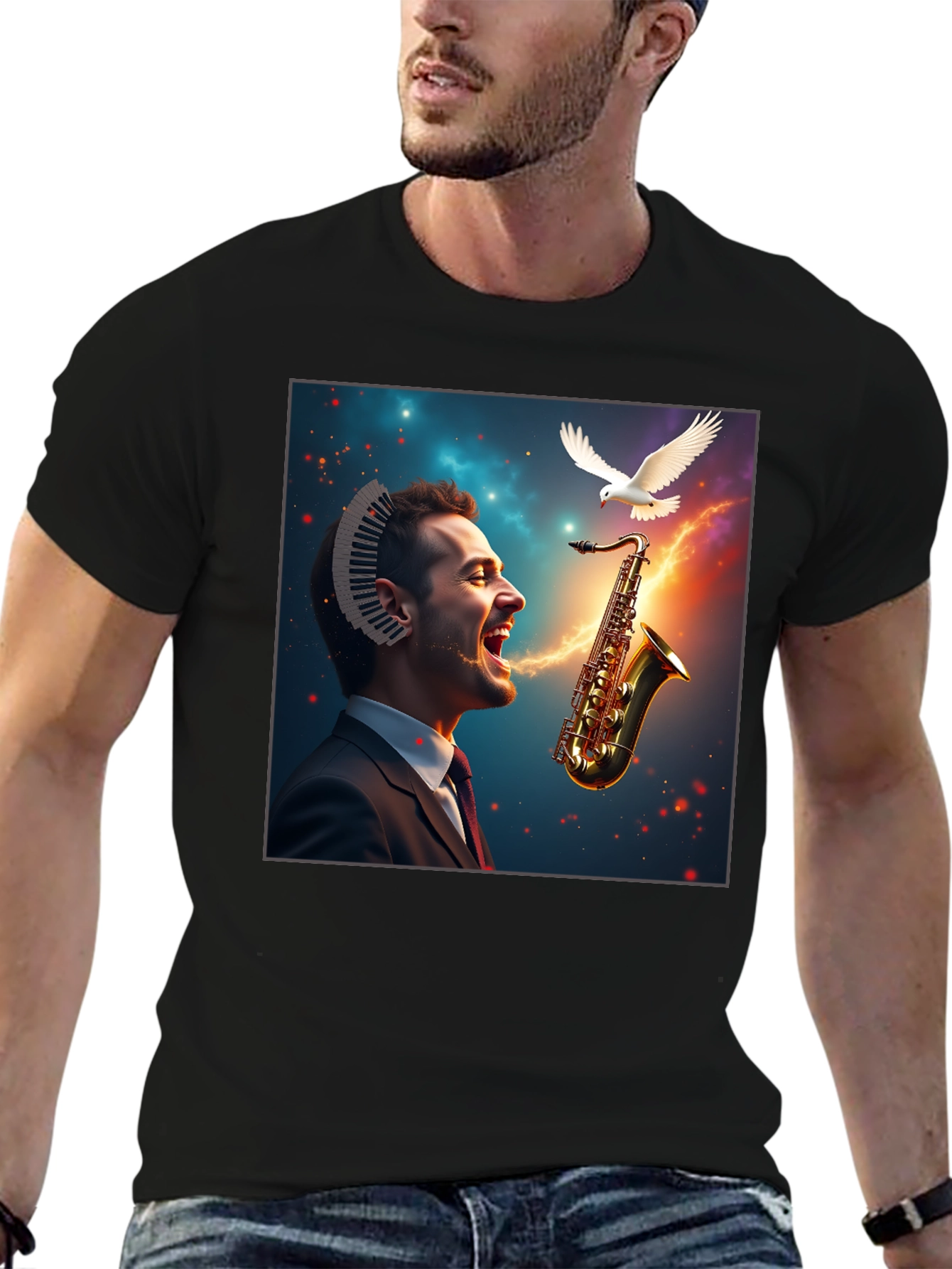Black Musical Mind T-Shirt - Artistic Saxophone Design view 6