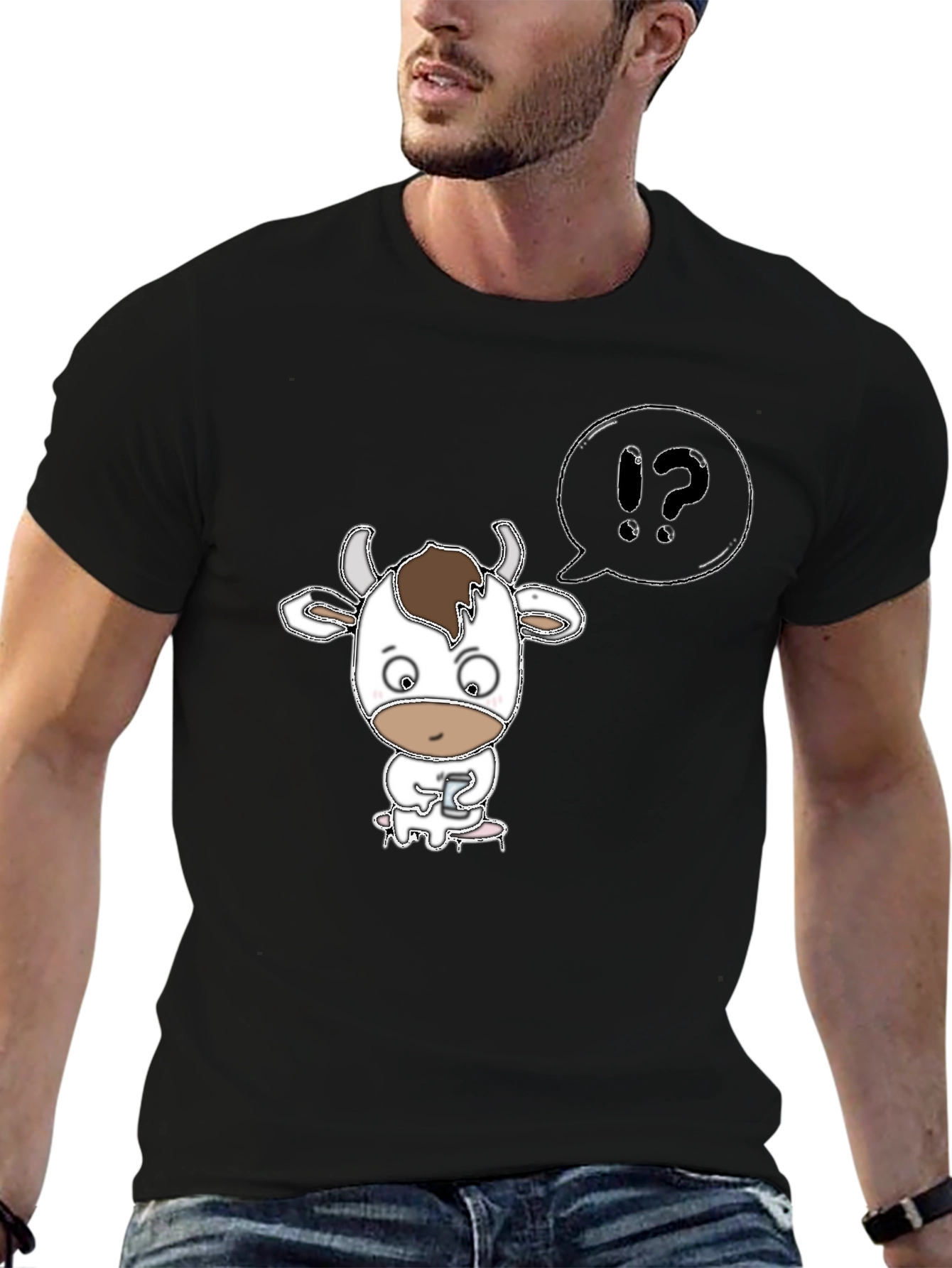 Black Cow Cartoon T-Shirt: "What?" Black Tee view 6