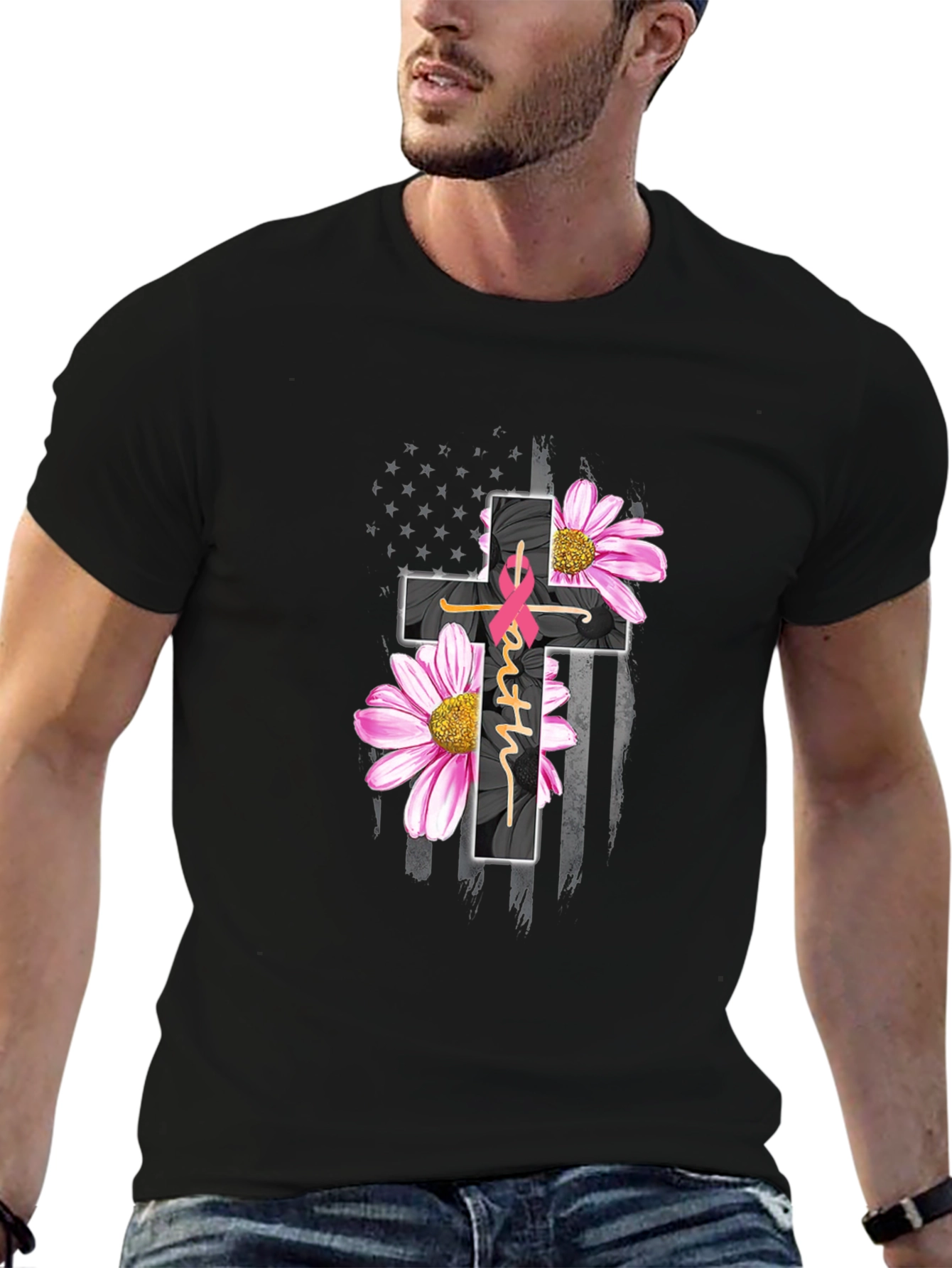 Black Faith Hope Love Breast Cancer Awareness T-Shirt view 6