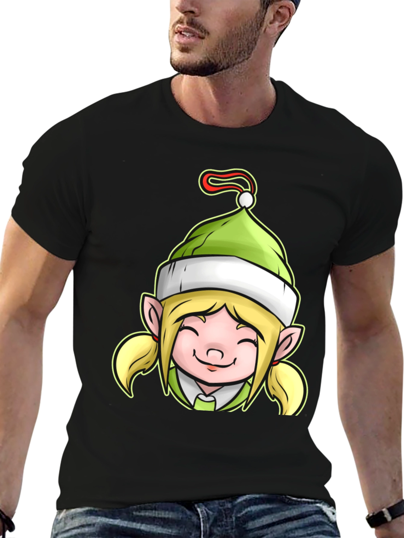 Black Festive Elf Girl Graphic Tee view 6