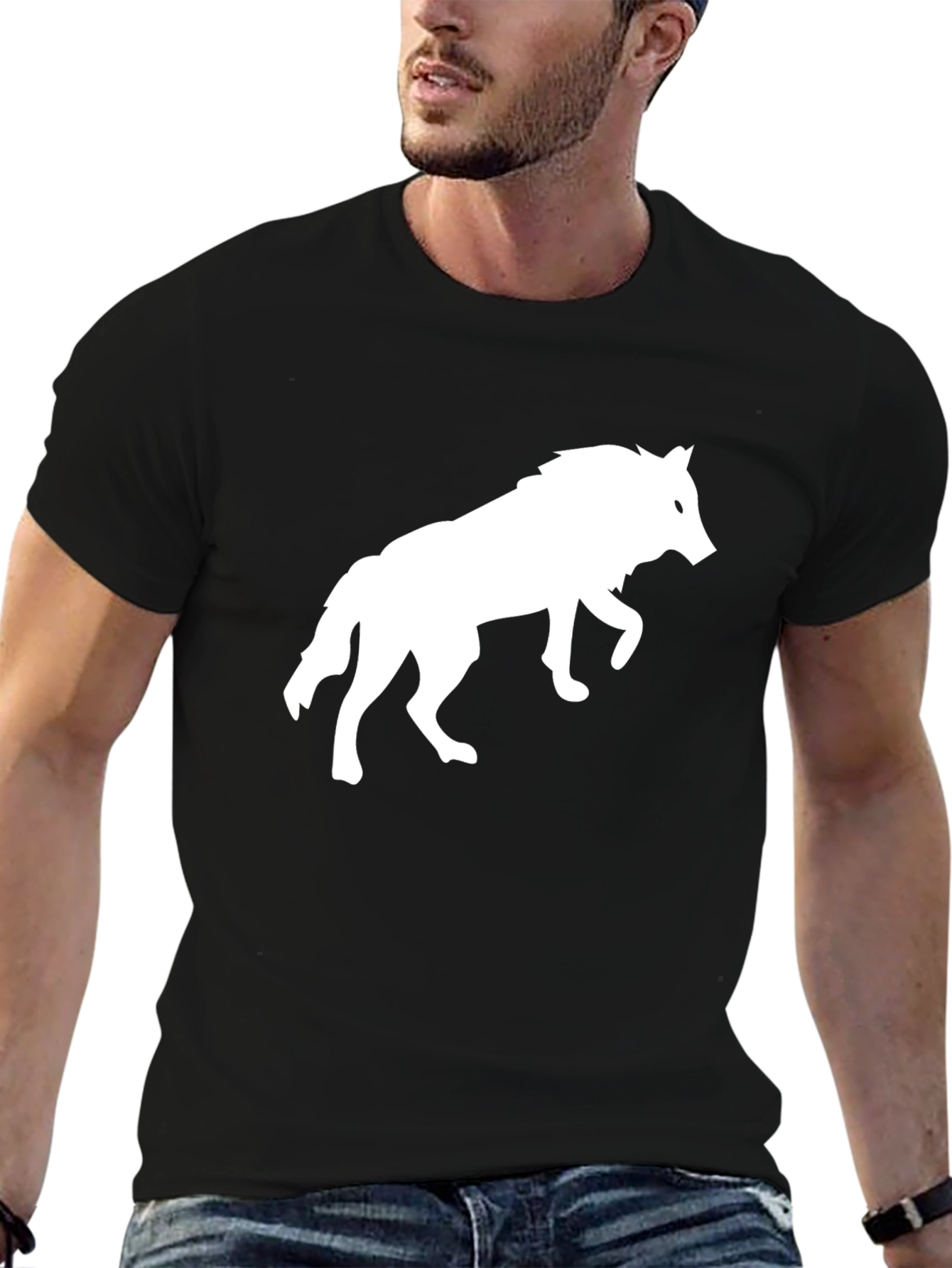 Black Black T-Shirt with White Wolf Graphic view 6