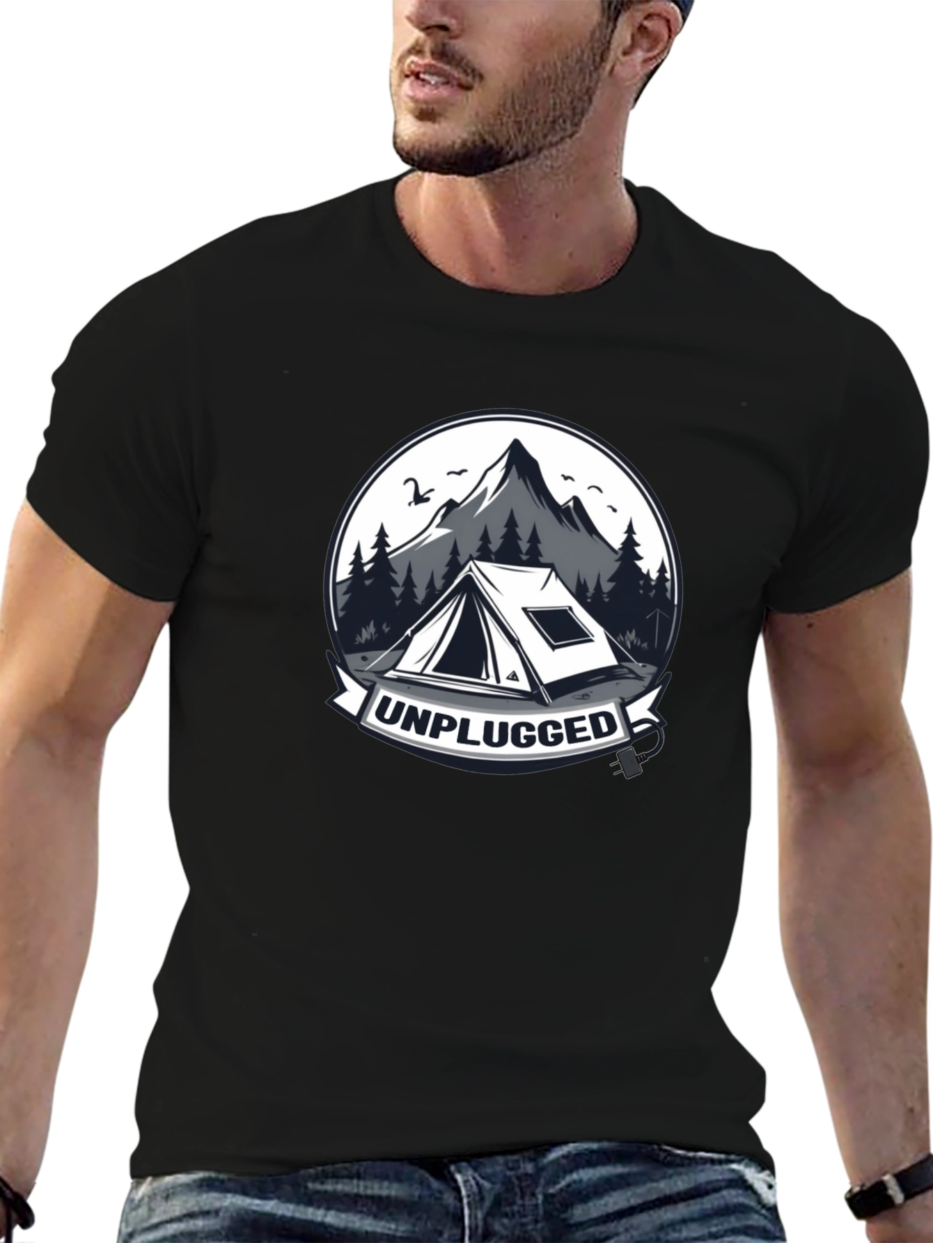 Black Unplugged Camping Graphic T-Shirt view 6