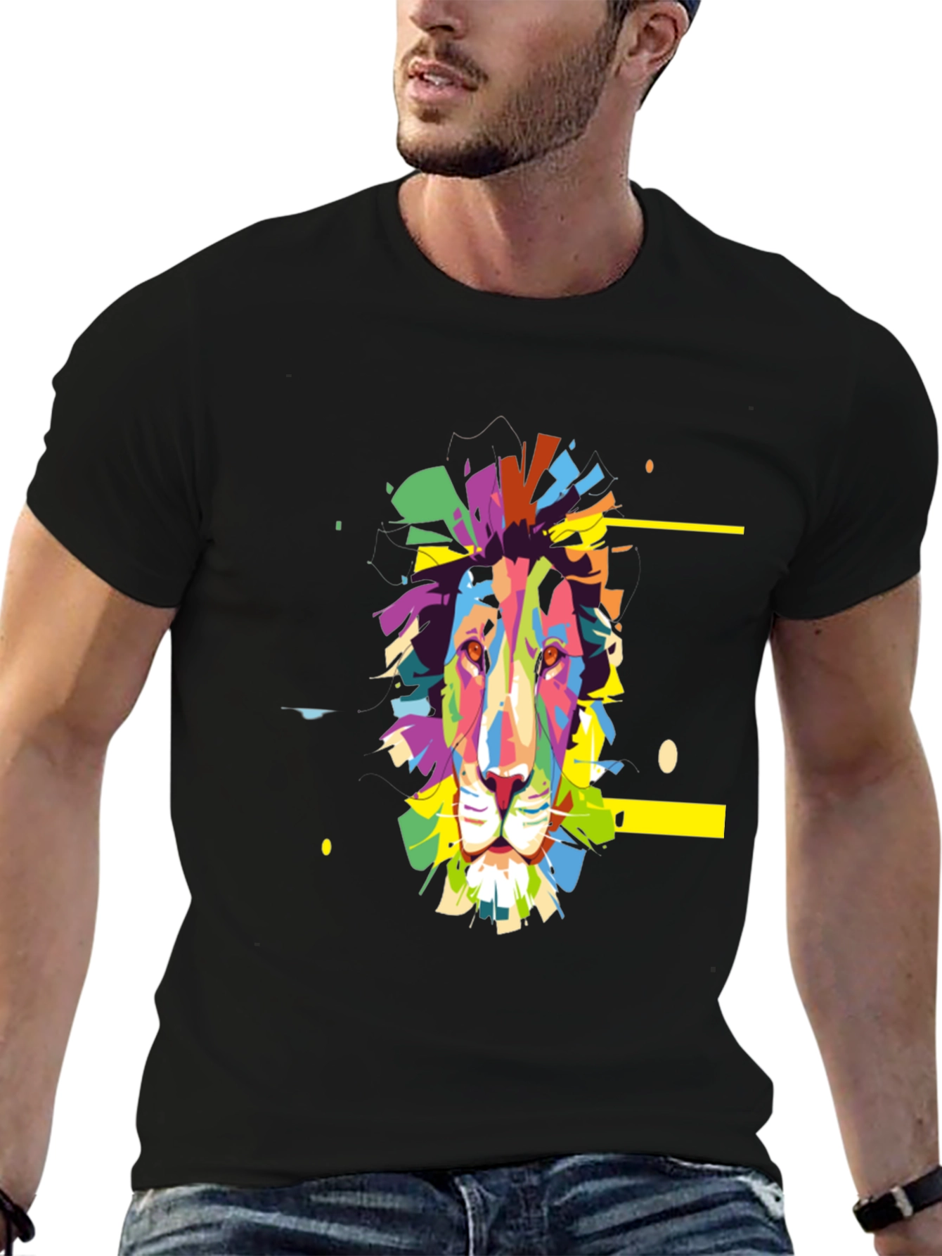 Black Colorful Lion Graphic Print Tee - Black view 6