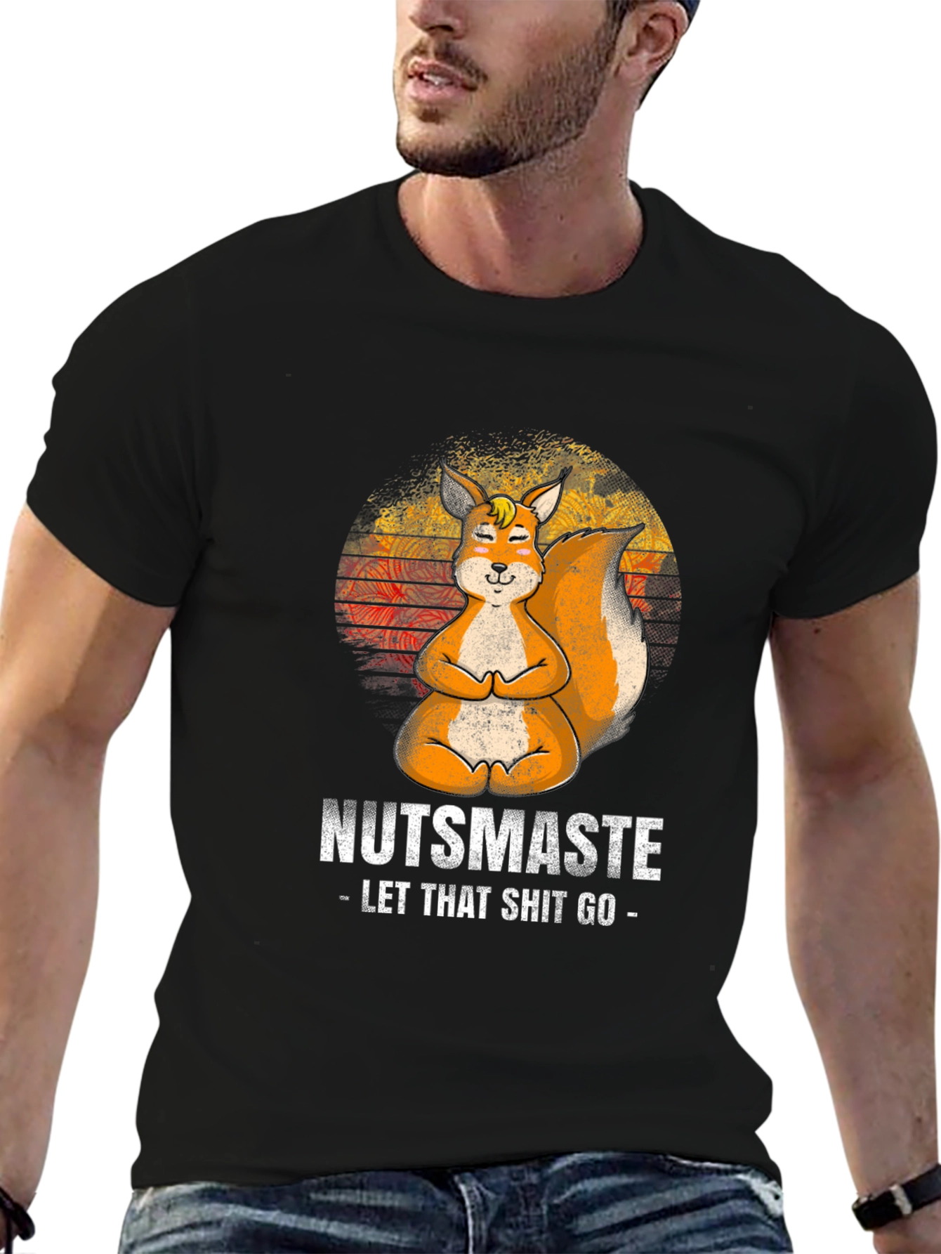 Black Nutsmaste Squirrel T-Shirt - Let That Shit Go - Yoga Squirrel view 6