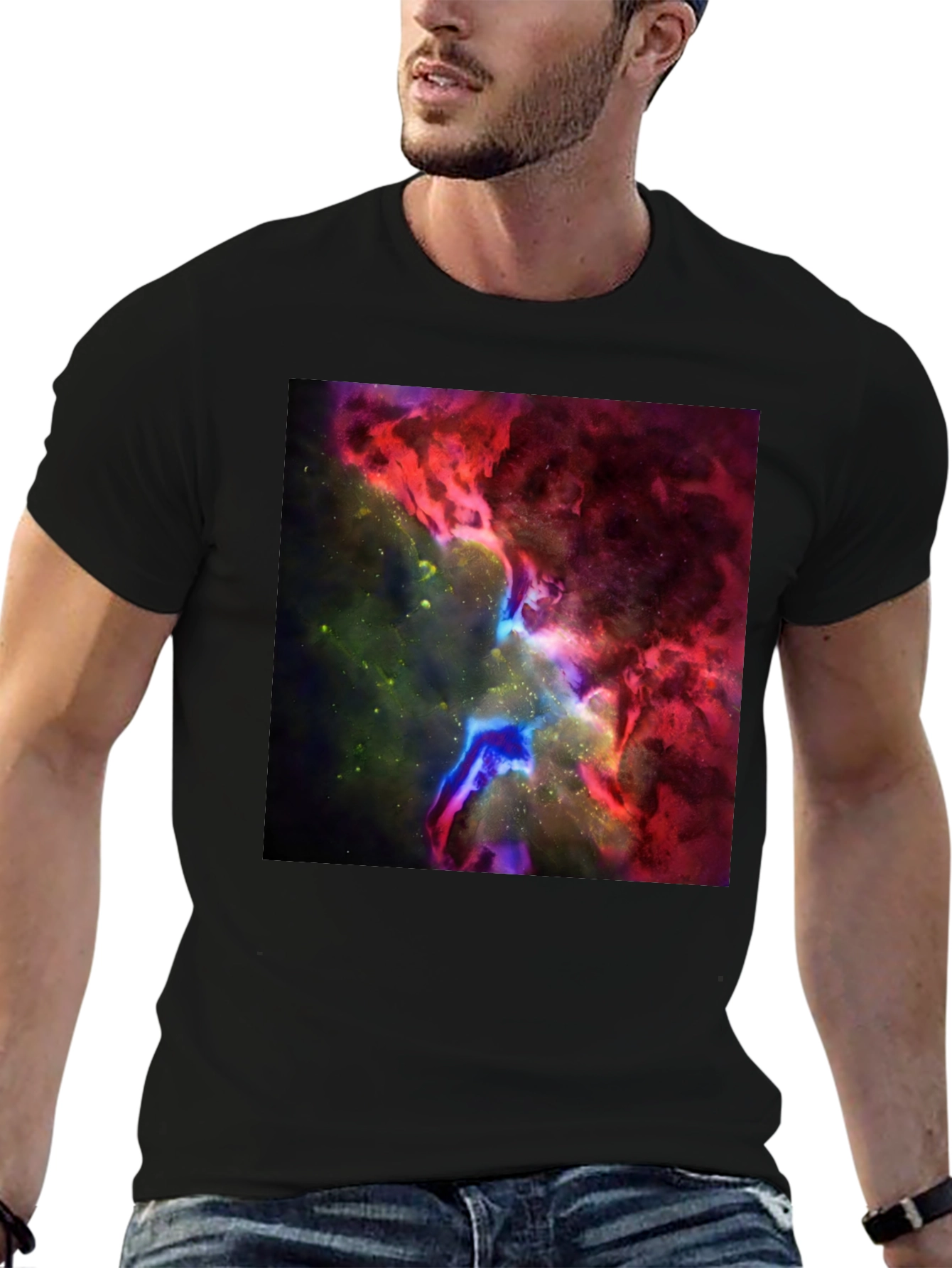 Black Nebula Print Black T-Shirt - Galaxy Design view 6