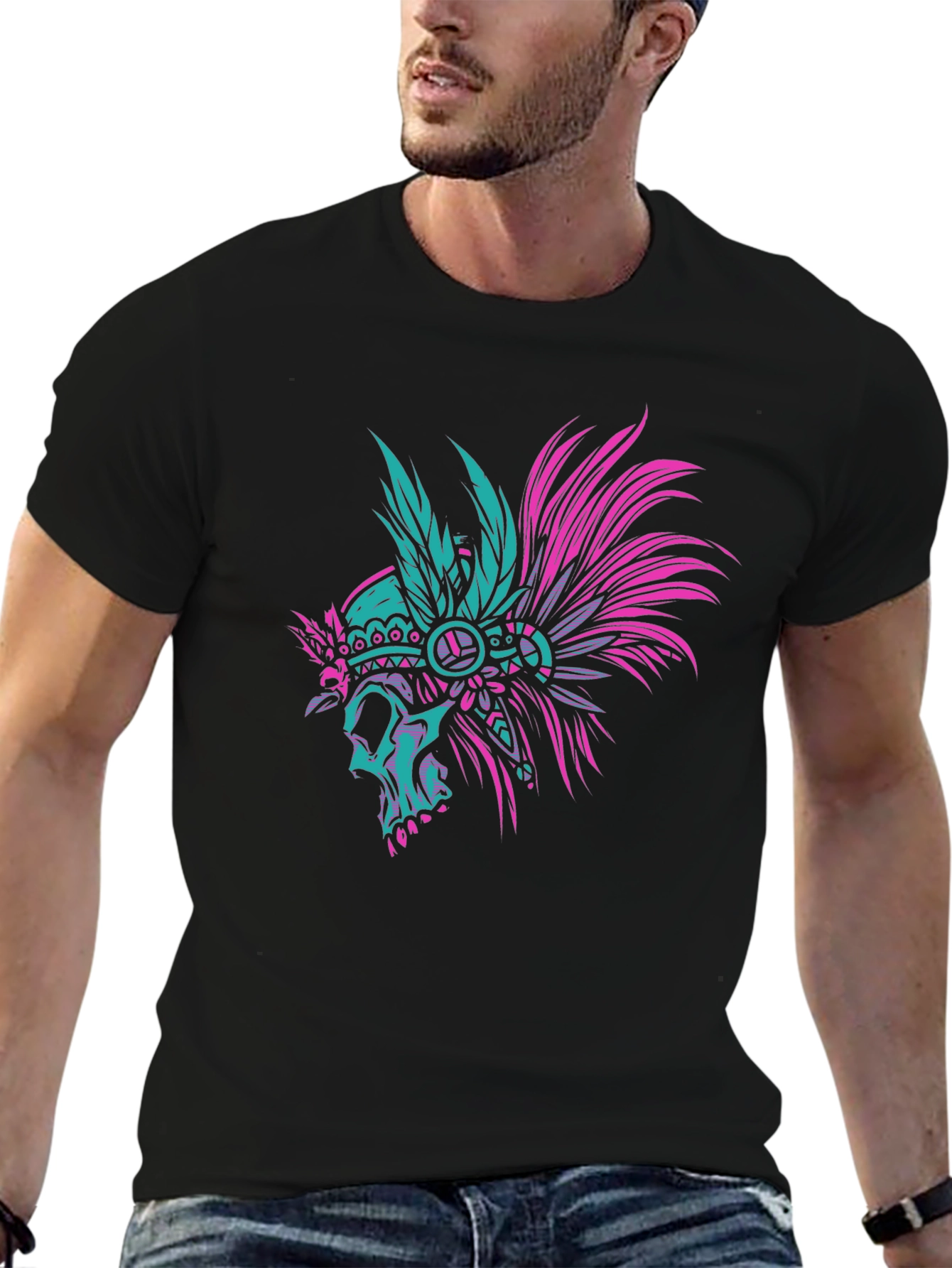 Black Skull Indian Headdress Black T-Shirt view 6