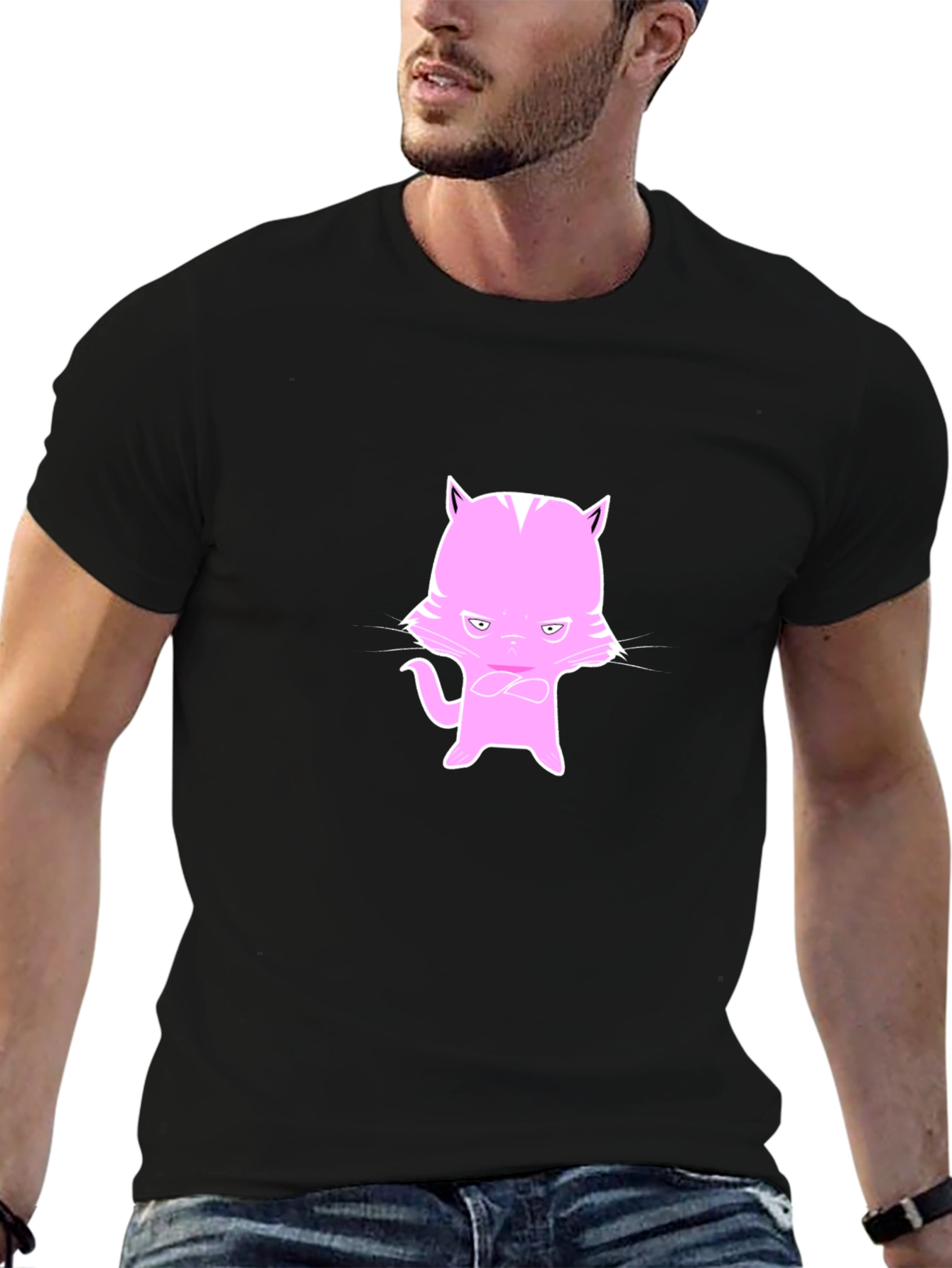 Black Men's Black T-Shirt with Pink Cat Design view 6