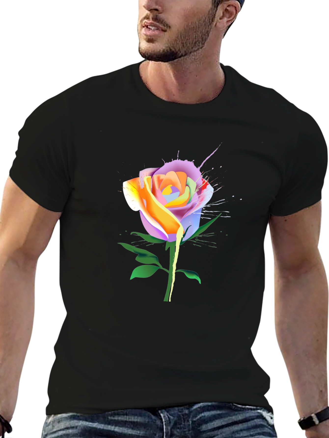 Black Rainbow Rose Graphic Tee - Unique Floral Design view 6