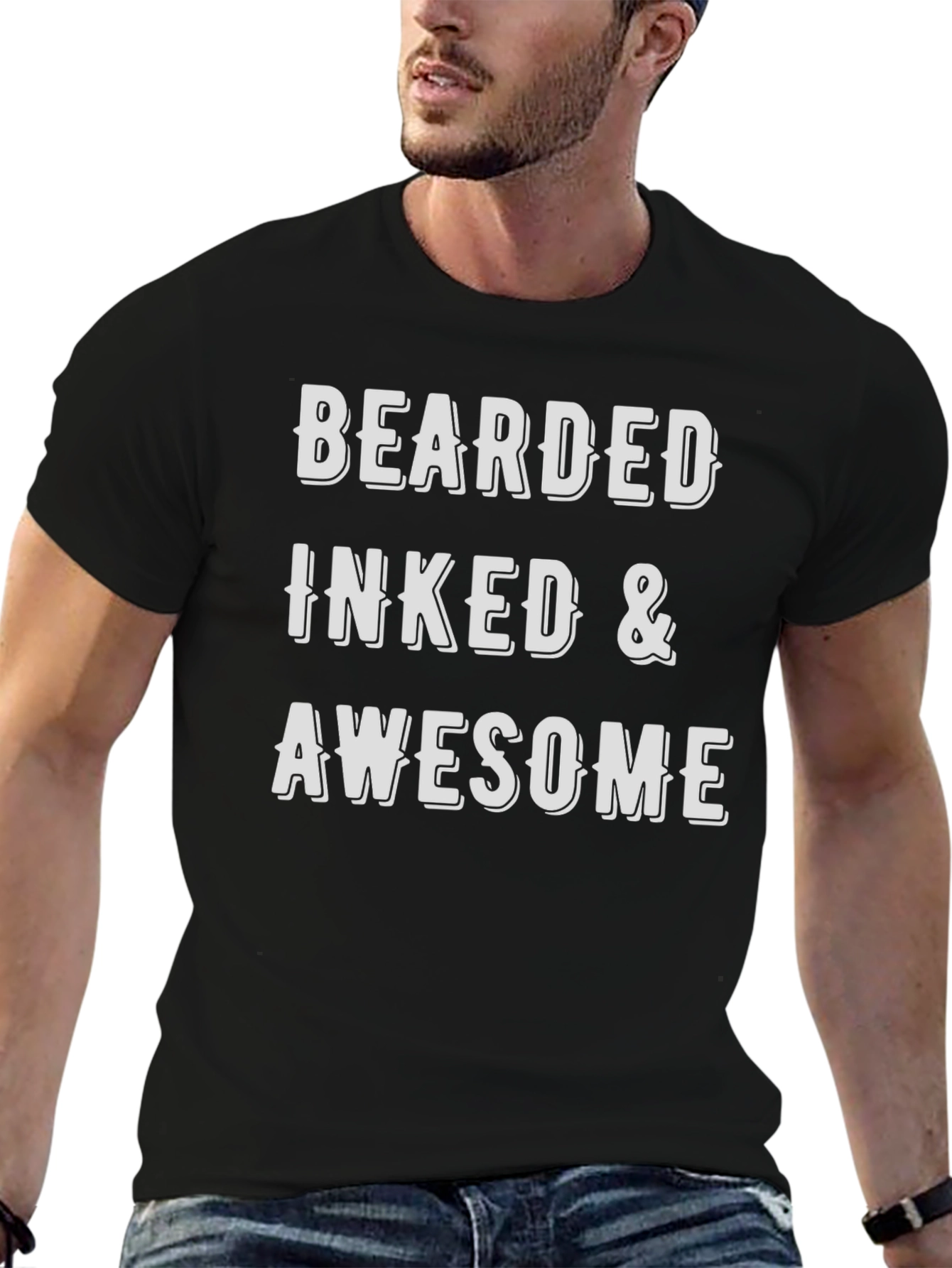 Black Bearded Inked & Awesome Men's Black T-Shirt view 6