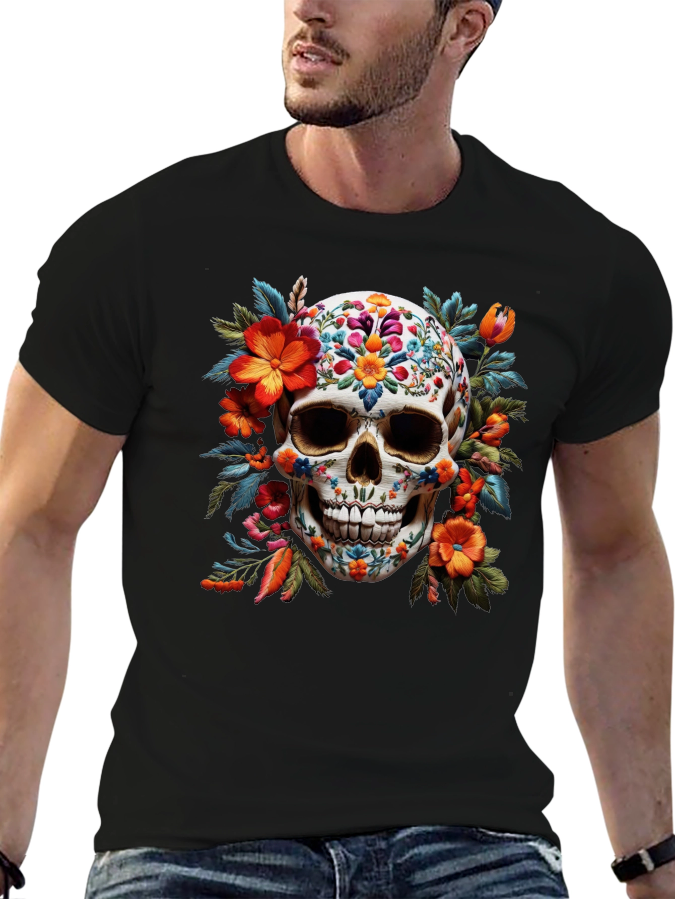 Black Floral Skull Graphic Tee - Day of the Dead view 6