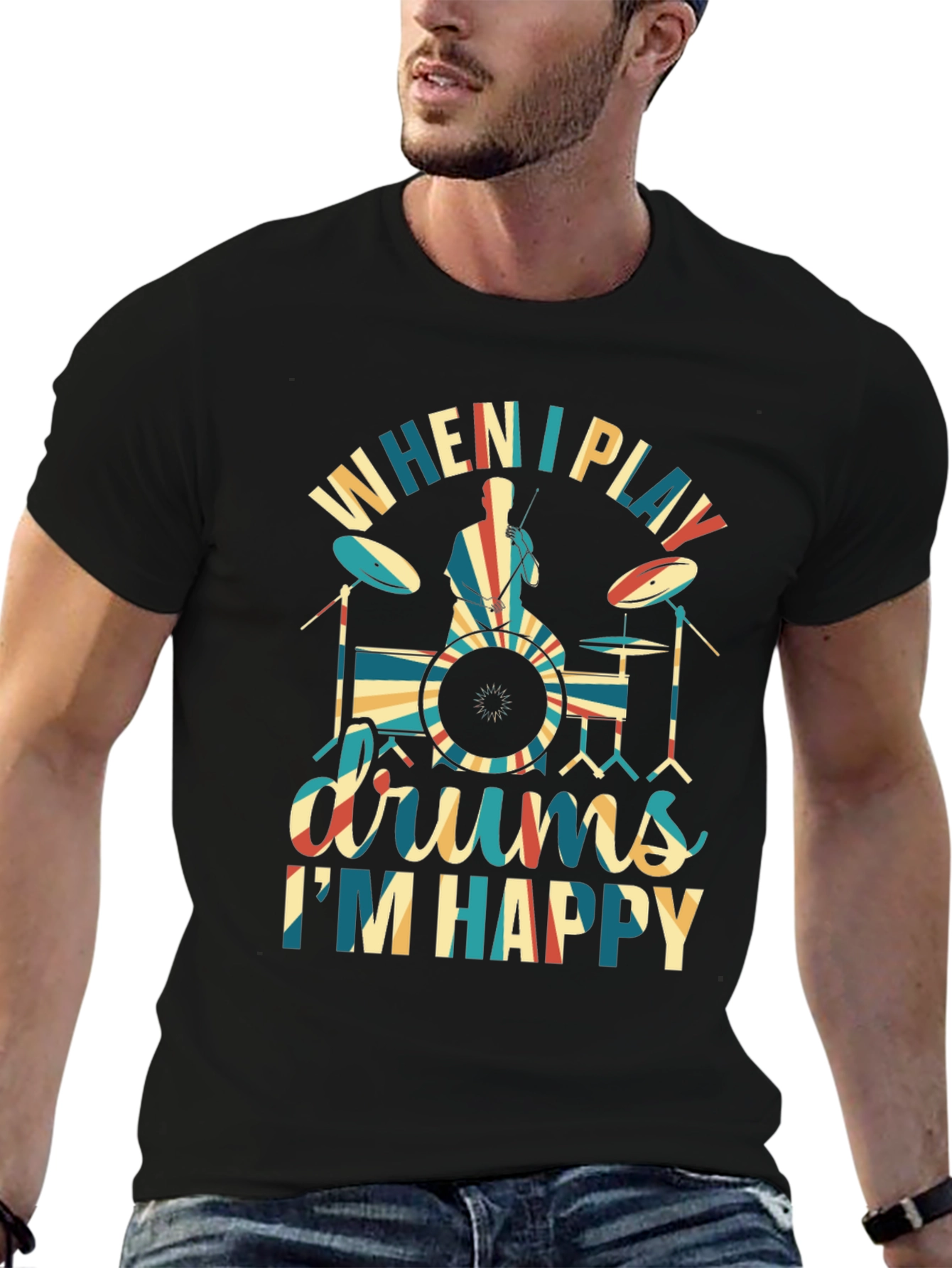 Black Drummer T-Shirt: When I Play Drums, I'm Happy view 6
