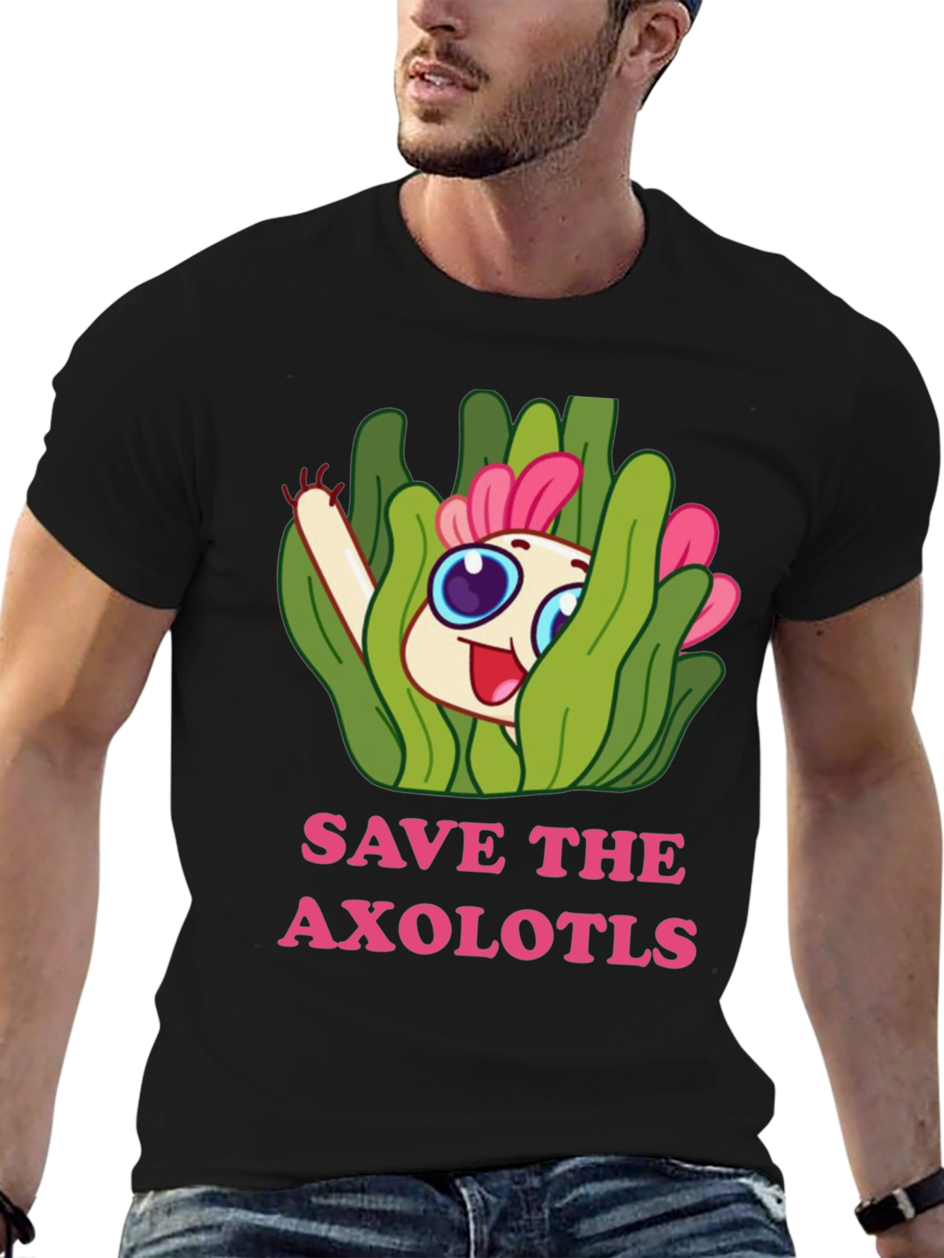 Black Save the Axolotls Cartoon Graphic T-Shirt view 6