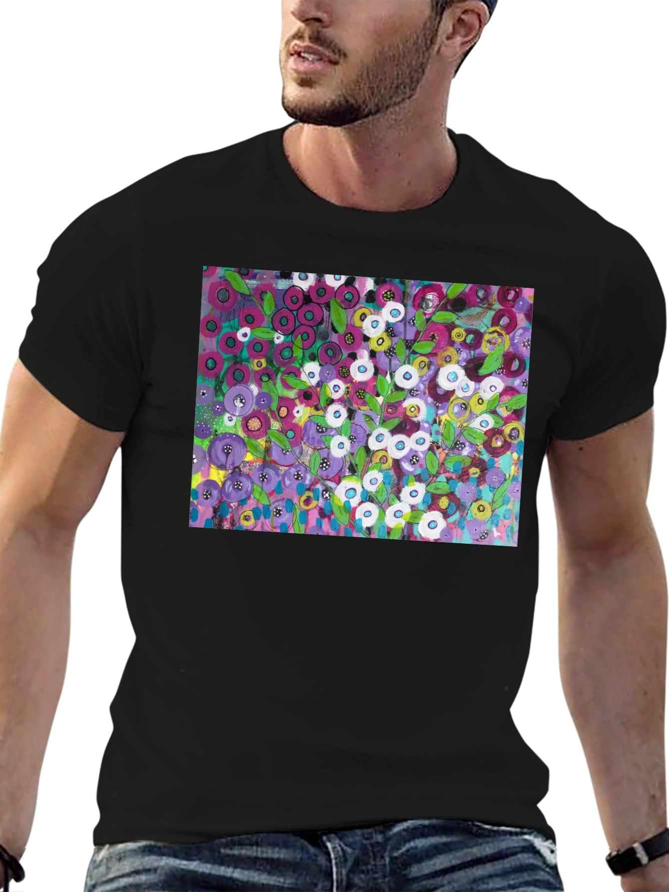 Black Floral Burst Graphic Tee - Modern Art Shirt view 6