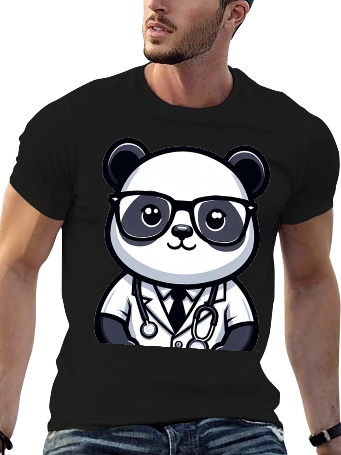 Black Panda Doctor T-Shirt - Cute Cartoon Animal Tee view 6