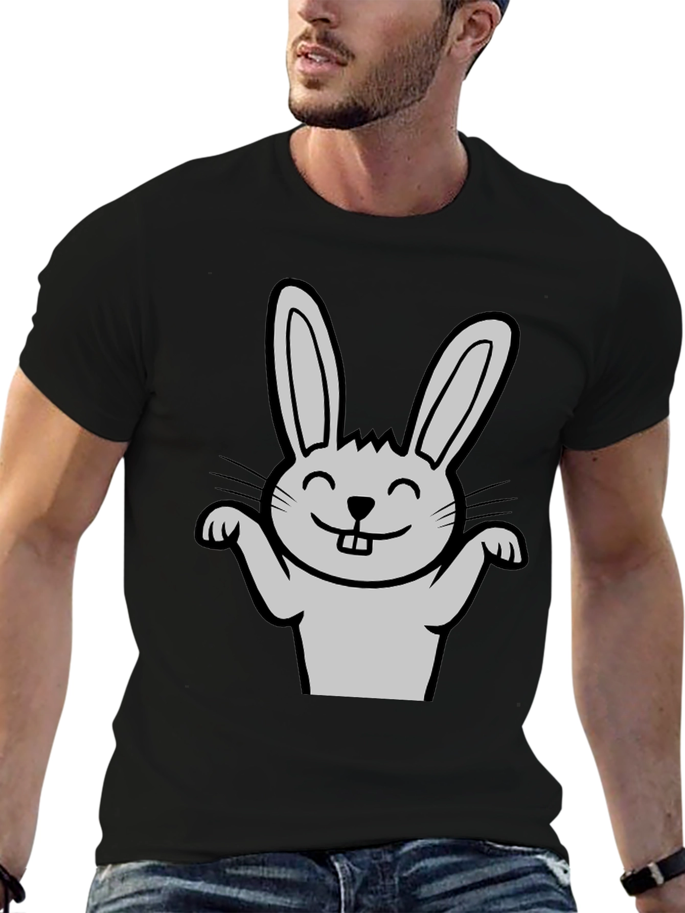 Black Funny Rabbit Graphic Tee - Black Casual T-Shirt view 6