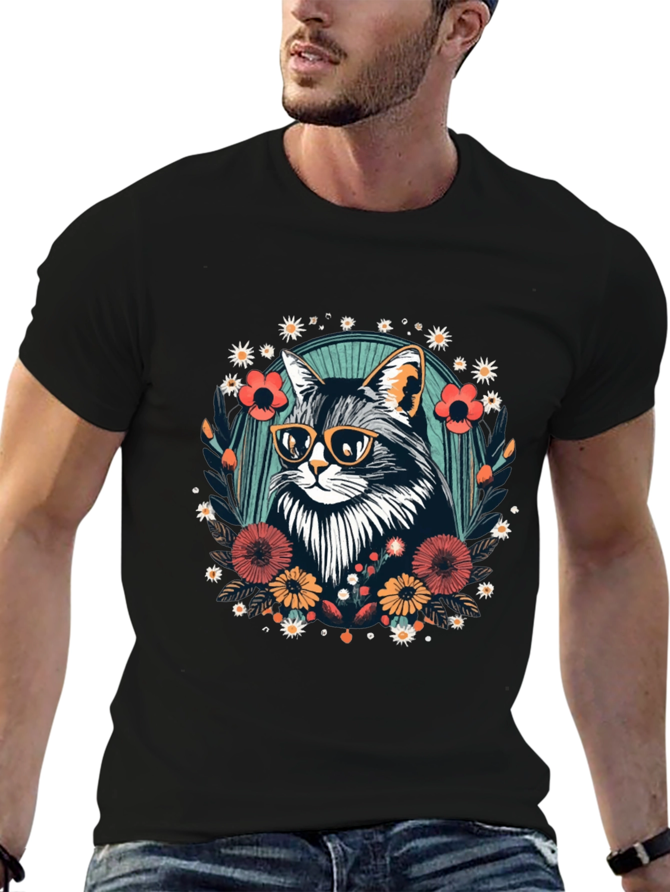 Black Cool Cat Floral Graphic T-Shirt - Unisex view 6