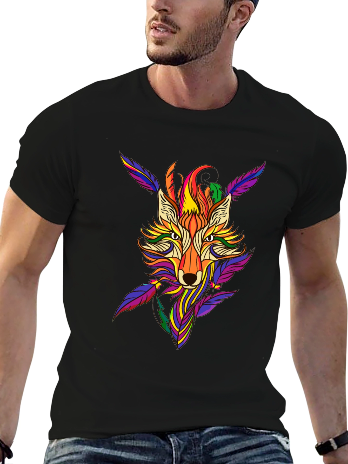 Black Colorful Fox Graphic Print T-Shirt view 6