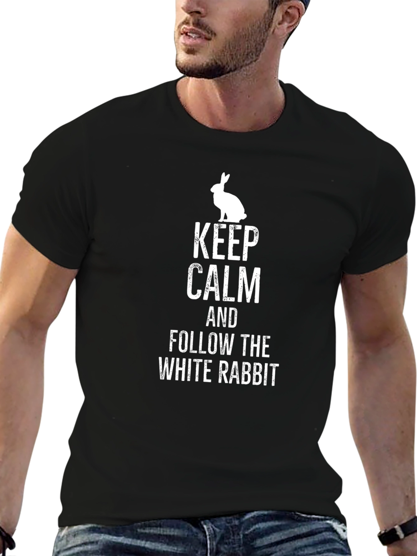 Black Keep Calm and Follow the White Rabbit Black T-Shirt view 6