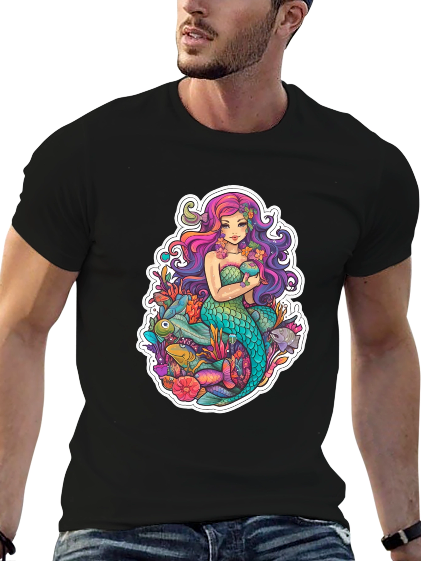 Black Mermaid Graphic Tee - Black Cotton T-Shirt view 6