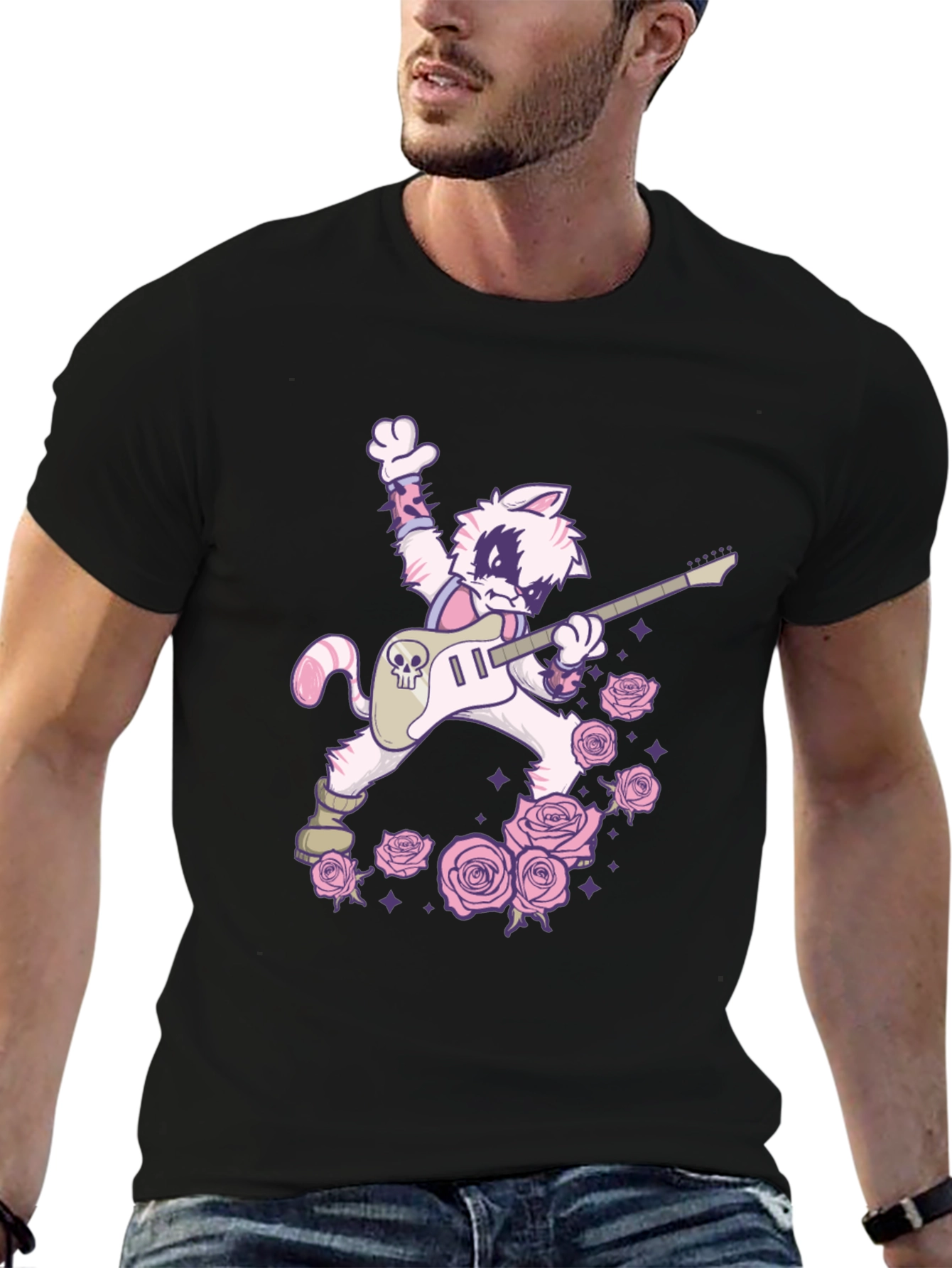 Black Rockstar Cat T-Shirt - Skull Guitar & Roses Graphic Tee view 6