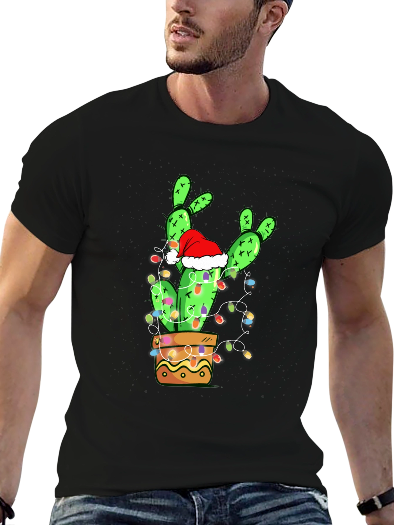 Black Festive Cactus T-Shirt: Christmas Holiday Apparel view 6