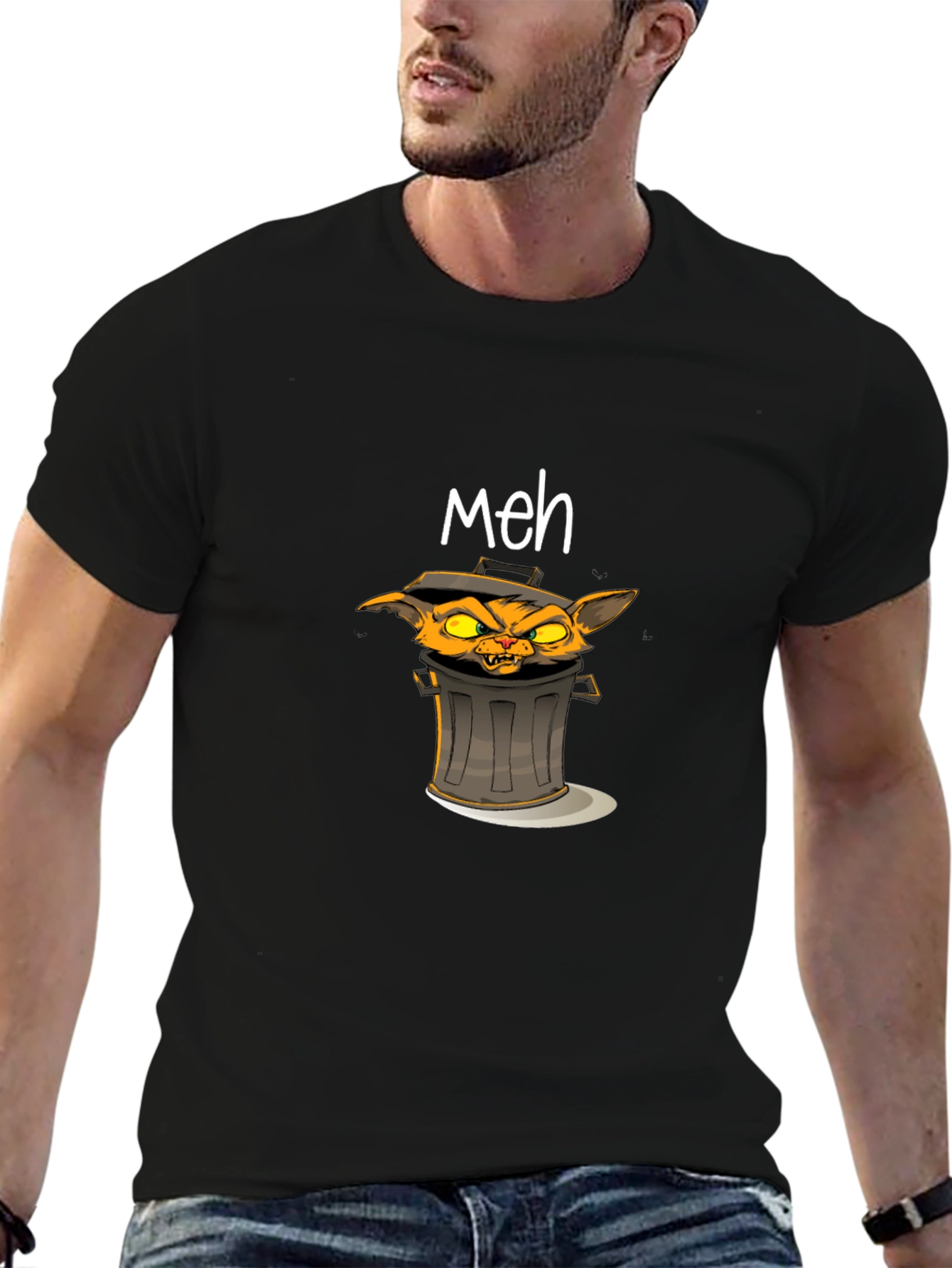 Black Meh Trash Cat Graphic T-Shirt - Men's Black Tee view 6