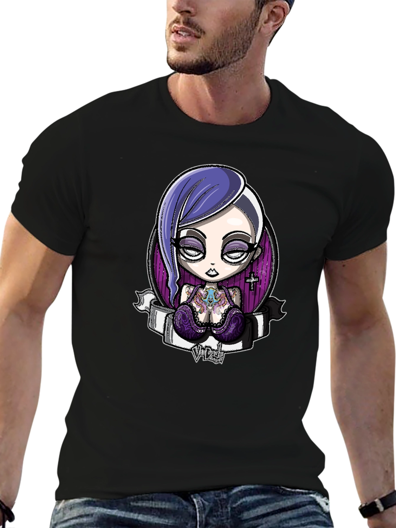 Black Gothic Cartoon Girl Graphic Black T-Shirt view 6