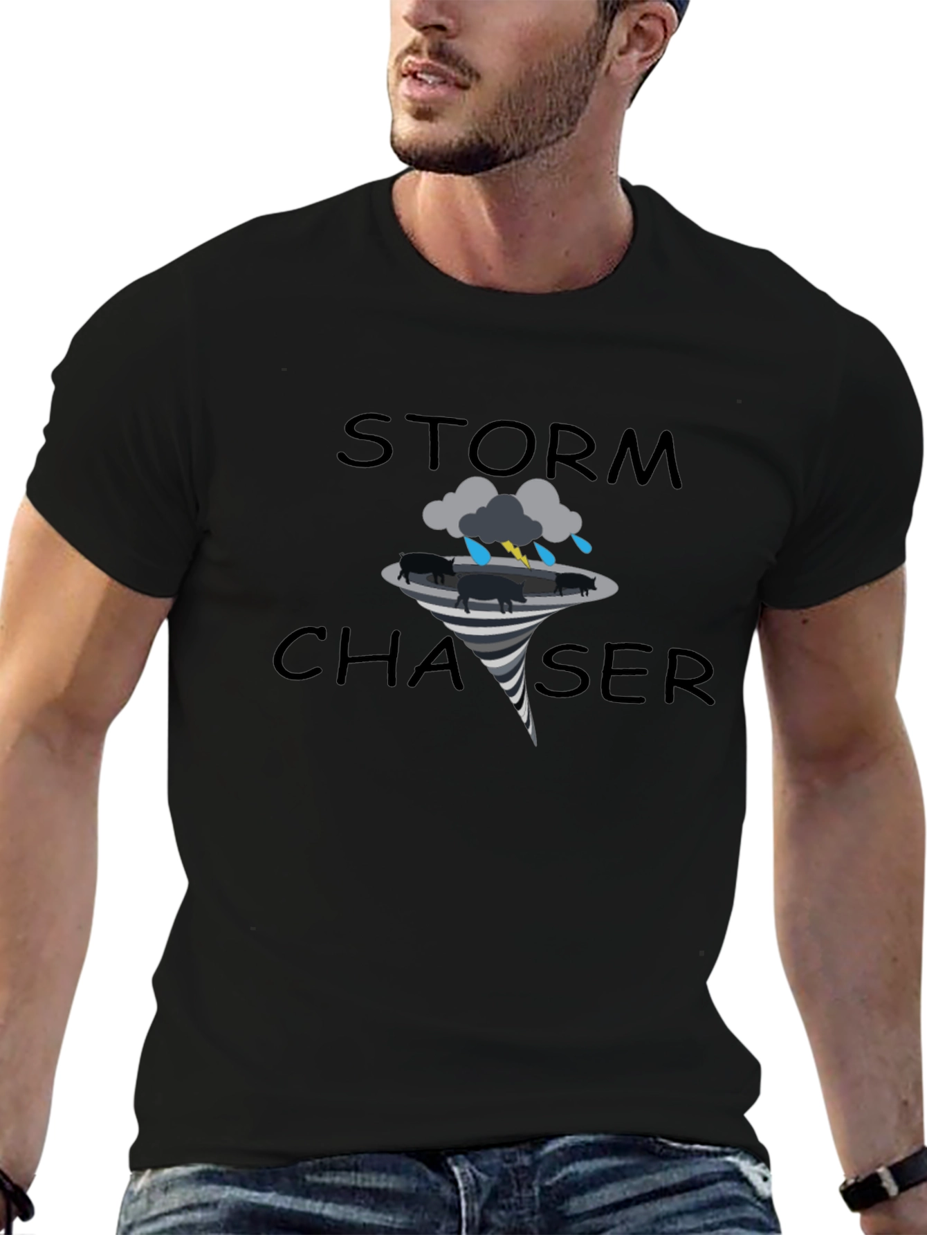 Black Storm Chaser Graphic T-Shirt - Tornado Pig Design view 6