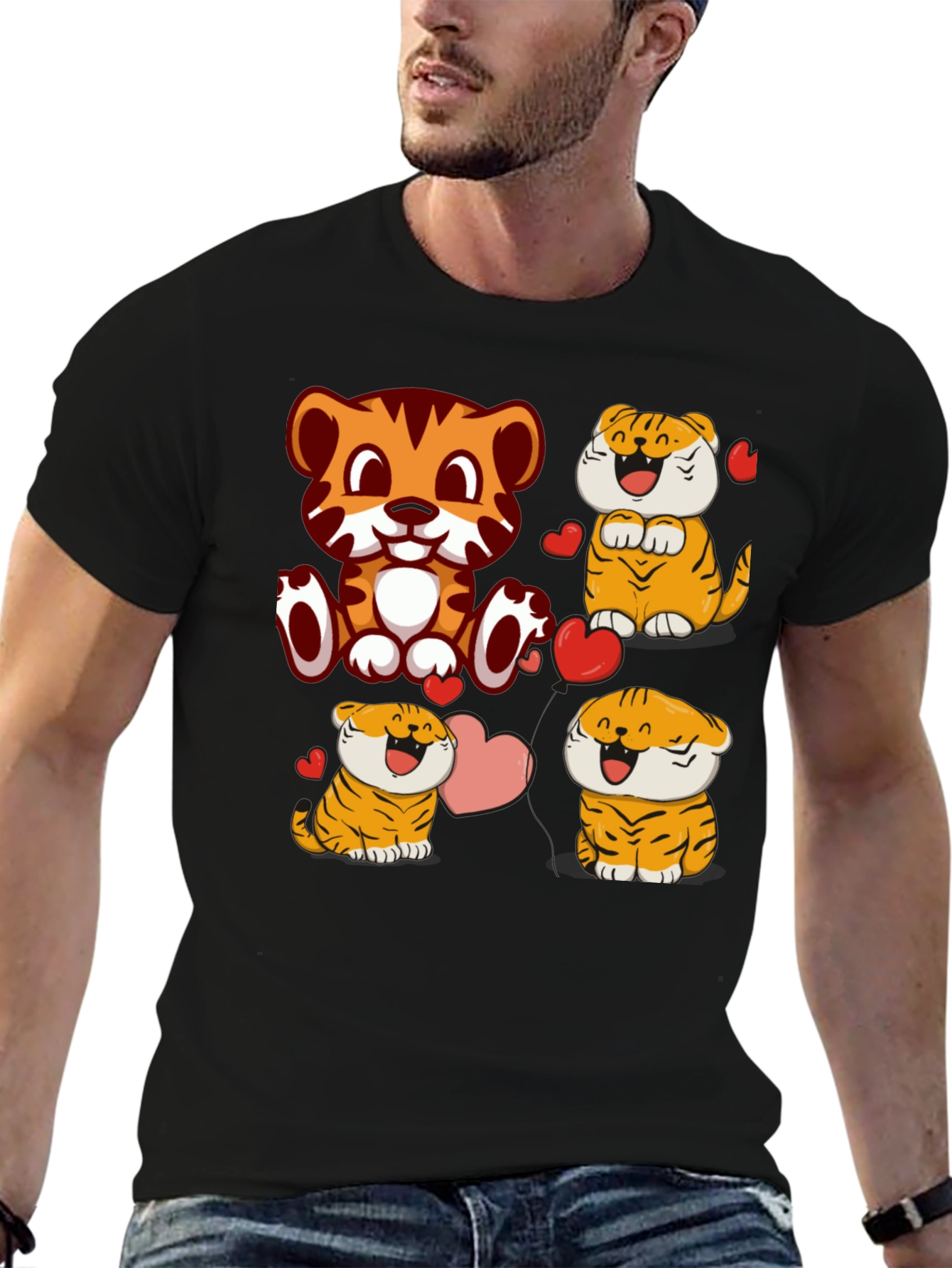 Black Cute Cartoon Tiger Graphic Tee - Black view 6