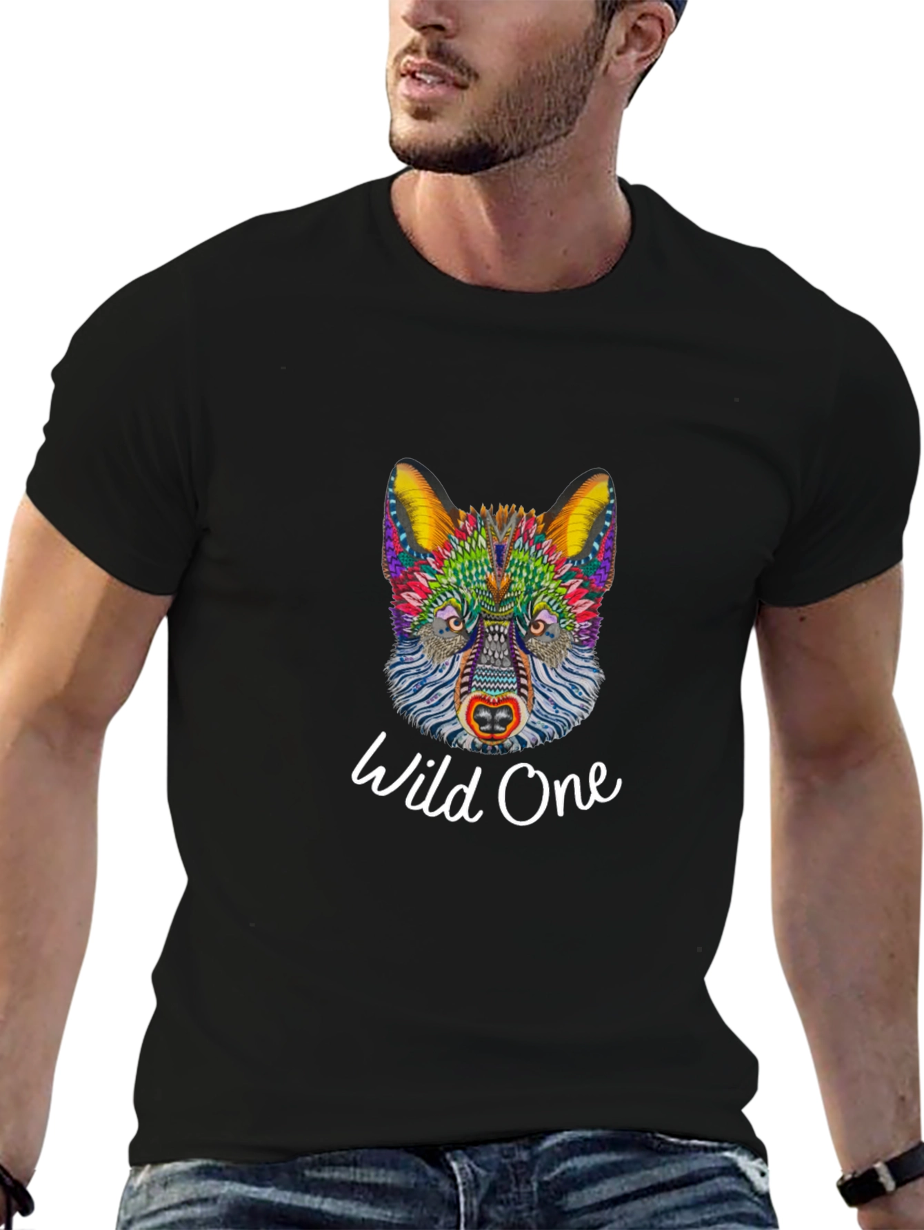Black Wild One Graphic Tee - Colorful Wolf Design view 6