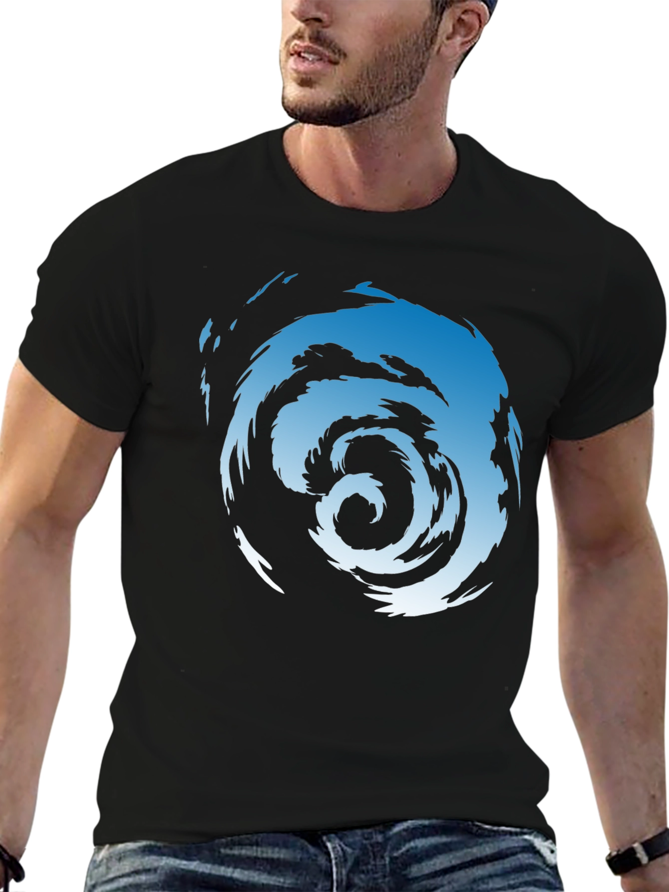 Black Abstract Swirl Graphic Tee - Men's Black Cotton T-Shirt view 6