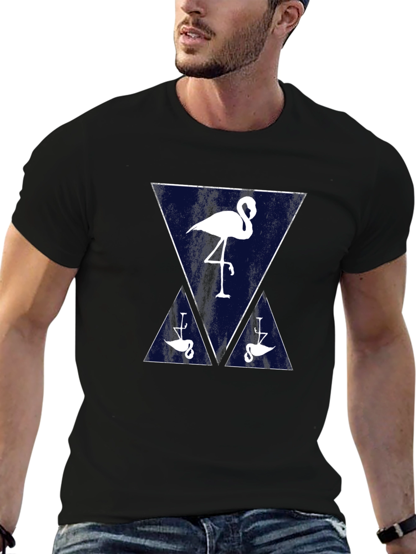 Black Flamingo Triangle Graphic Tee - Casual Black T-Shirt view 6